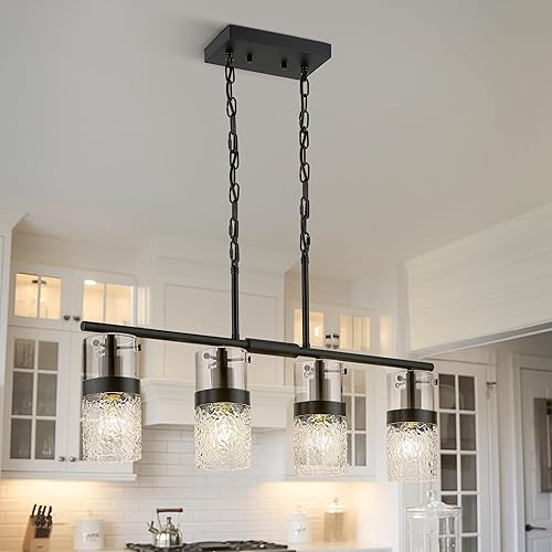 Miniatura 19 de LMS Paquete de 2 Luces Colgantes Modernas, Luz Colgante Dorada Cepillada para Isla de Cocina con Vidrio Martillado, Lámparas Colgantes Ajustables