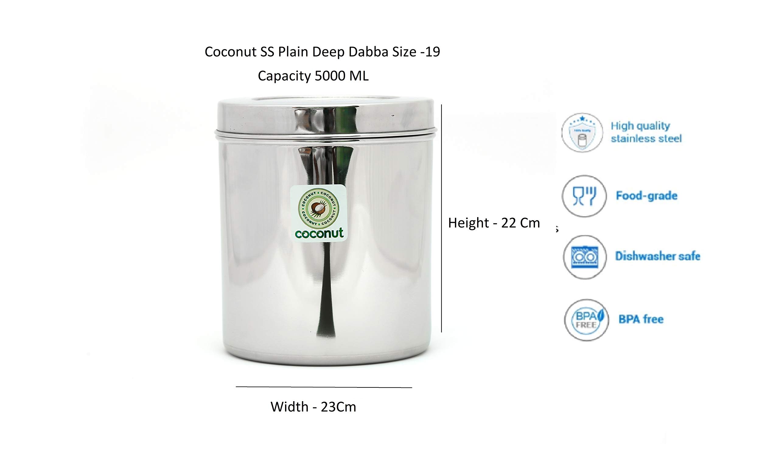 coconut Stainless Steel Storage Containers for Kitchen | Deep Dabba for Stroing Tea, Coffe and Pulses | Mutipurpose Canisters Ubha Dabba | Set of 1 | 7.5 Litre - Image 2 thumbnail