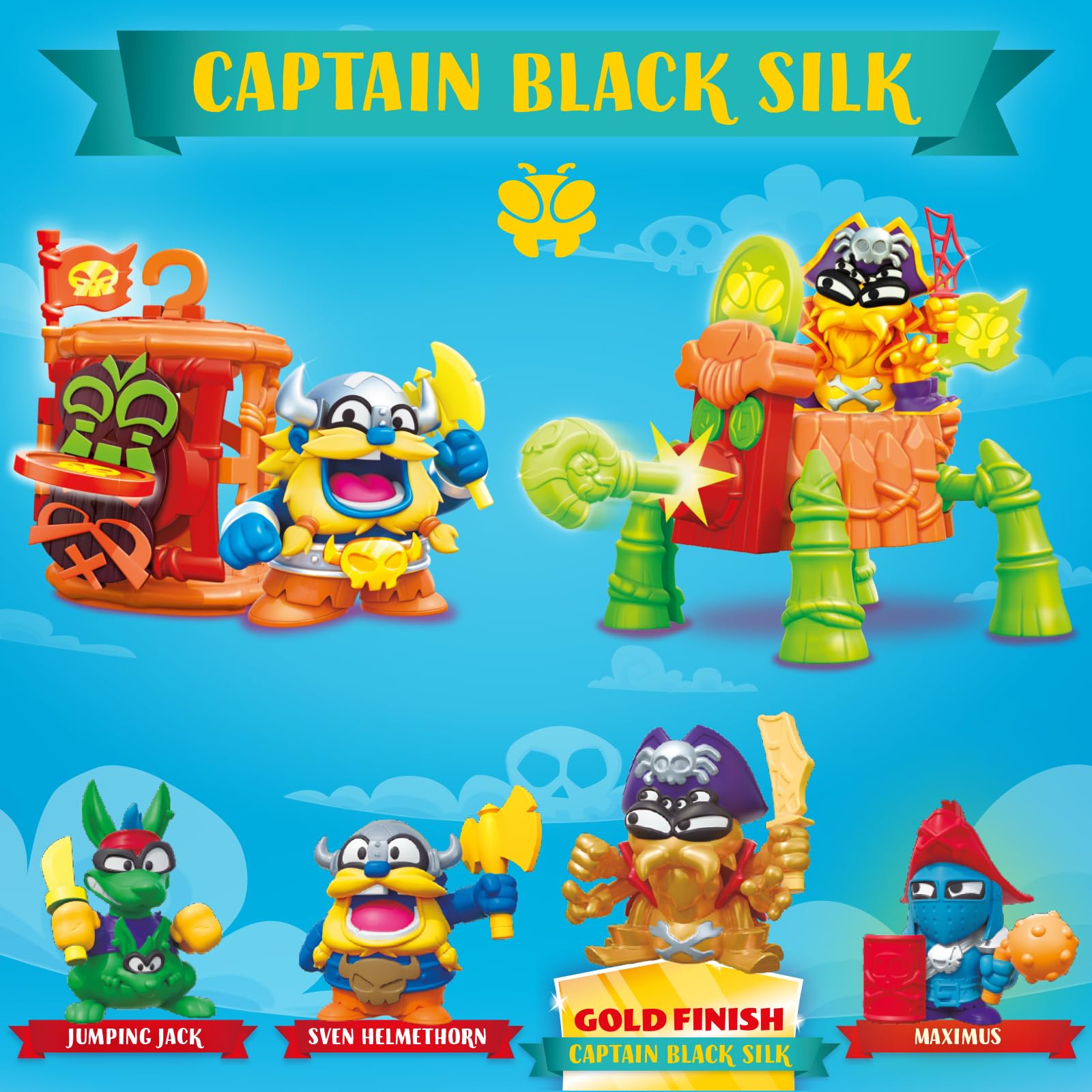 PIRATIX ADVENTURE WORLD Crazy Jungle Series, Captain Pack Black Silk: 4 Piratix, 1 golden Captain, 4 neon accessories, 1 Cage - Image 3