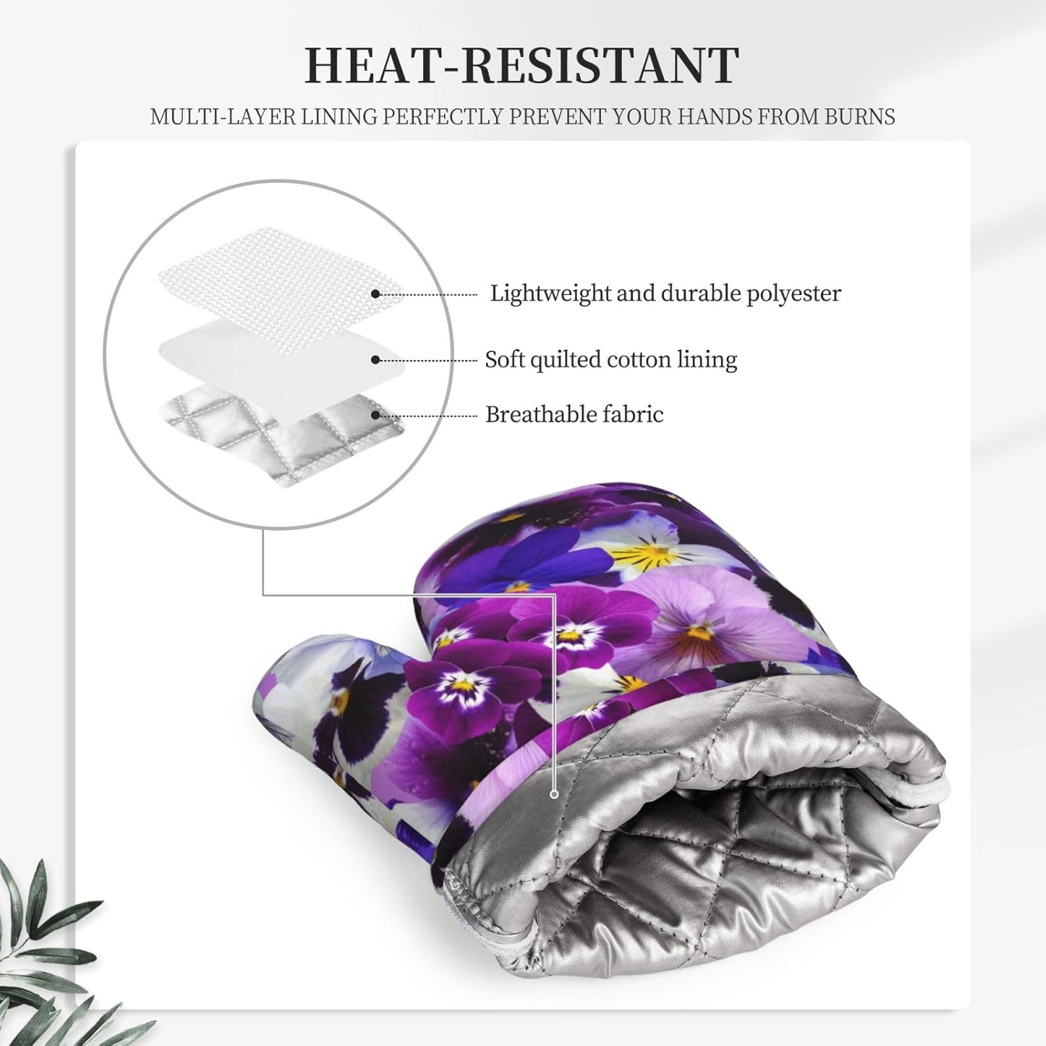 Purple Flower Oven Mitts and Pot Holders Set of 4 Heat Resistant Kitchen Gloves with Silicone Palm Hot Pads for Baking Cooking Grilling BBQ