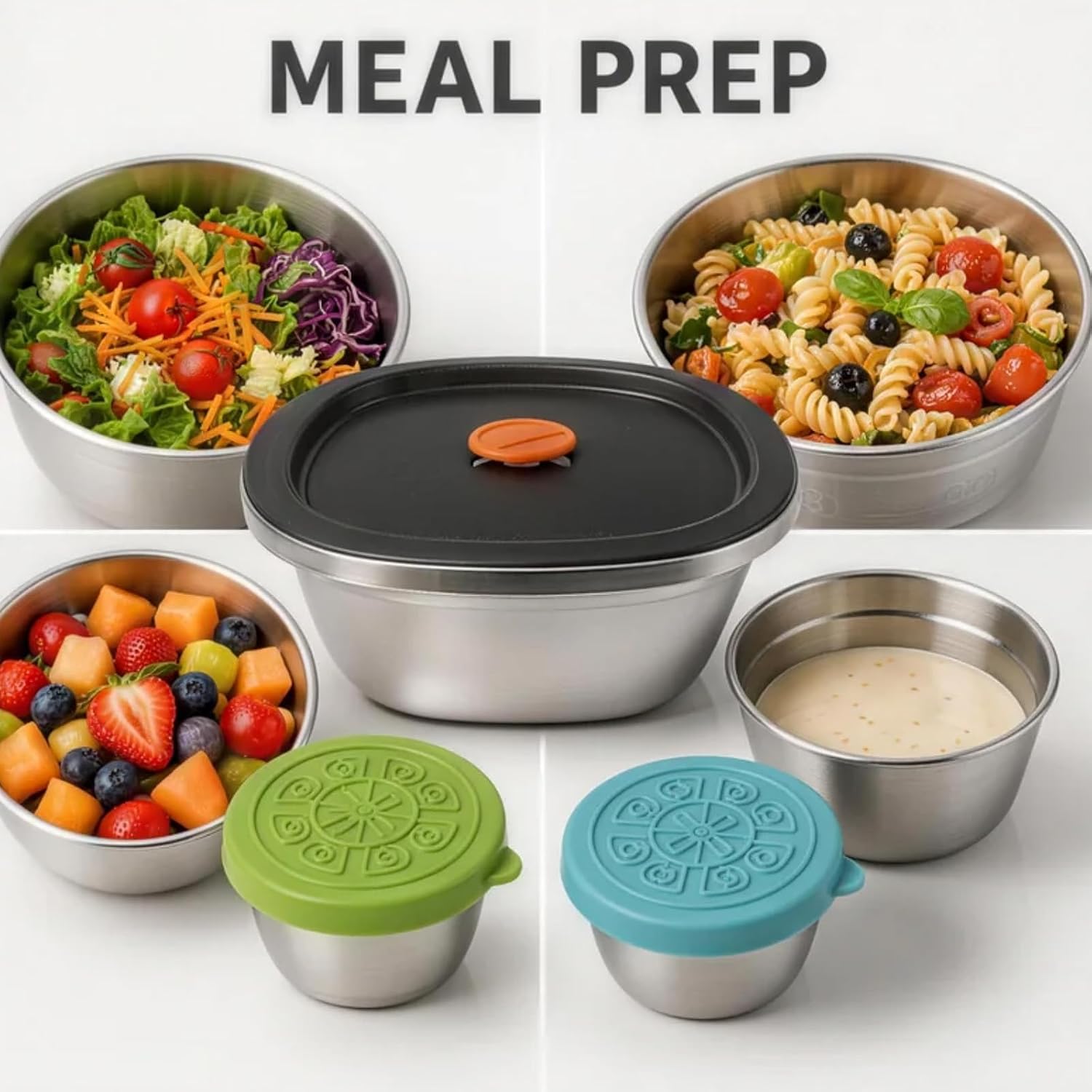 50 Oz Stainless Steel Salad Bowl with Lid, 3 Pack Salad Container for Lunch, Reusable Sealed Meal Prep Bowls with Sauce Dishes and Date Dial, Leak Proof Design for Picnic Kitchen Daily Use