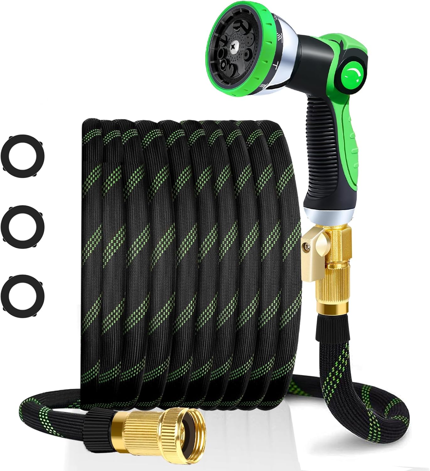 25Ft Non-Expandable Garden Hose with 10 Function Nozzles, Flexible, Lightweight, Kink-Free, Leak-Proof, Sturdy Water Hose with Strong Brass Connector for Yard, Lawn, Outdoor, Camper