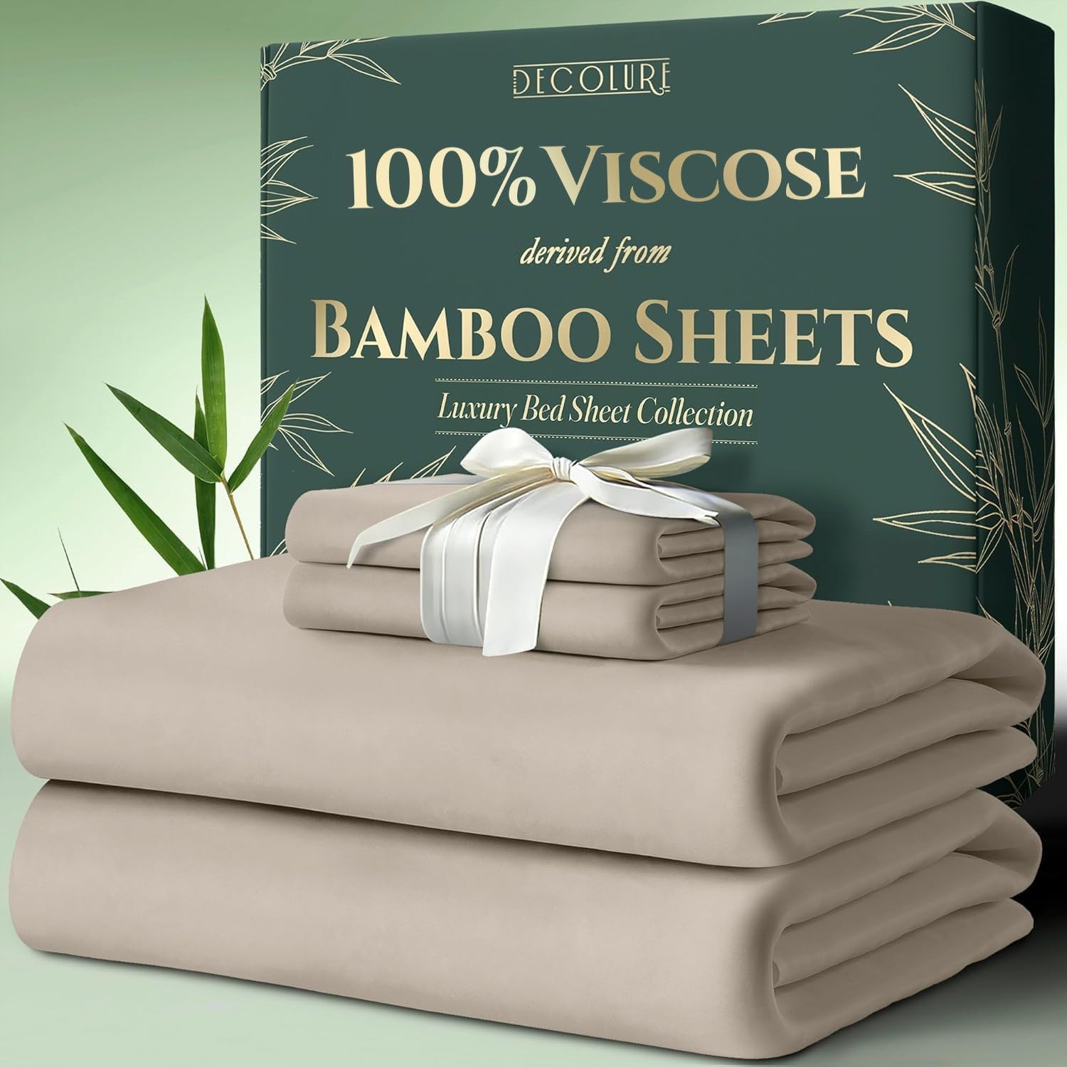 DECOLURE 100% Viscose Derived from Bamboo Sheets Twin Size 4pcs - Ultra Soft & Luxuriously Cooling, 17" Deep Pocket, Double Stitching, Perfect for Hot Sleepers - Twin Bed Sheets (Taupe)