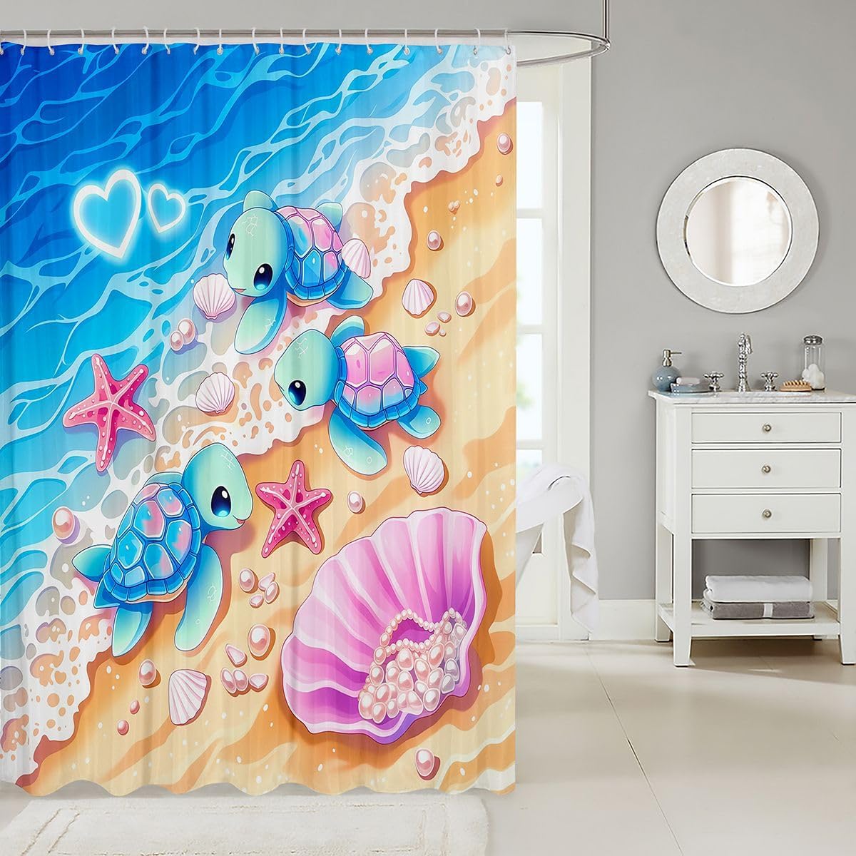 Homewish Cartoon Sea Turtle Bathroom Shower Curtain Set Ocean Reptile Tortoise Curtain Kids Stalls Decor Beach Starfish Shell Pearl Waterproof Bathroom Accessories 72"x72" Yellow Blue image 2