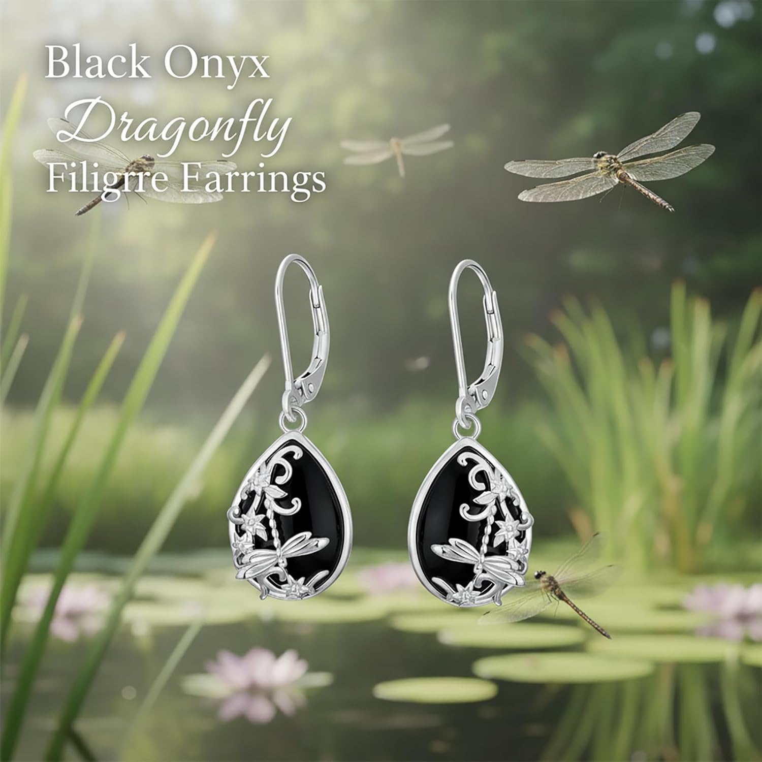 Black Onyx/Moonstone Earrings for Women 925 Sterling Silver Filigree Butterfly Dragonfly Dangle Drop Earrings Leverback Black Onyx Jewelry Gift for Girlfriend Wife Daughter - Image 7