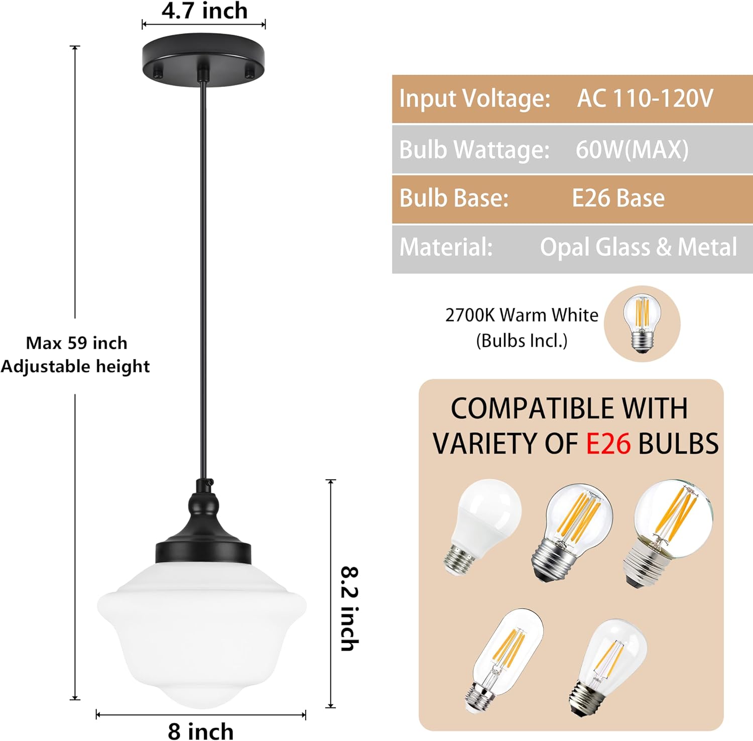 Bagood 2 Pack 8" Milk Glass Pendant Light Black Schoolhouse Light Fixture Schoolhouse Pendant Light Milk Glass Light Fixture Mid Century Modern Ceiling Light for Bedroom Bathroom Kitchen (Bulb Incl.)