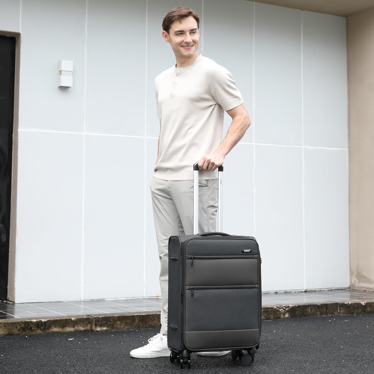 Kono 24 Inch Softside Expandable Checked Luggage with 8 Spinner Wheels TSA Lock Softshell Lightweight Business Travel Suitcase for Men and Women, Black