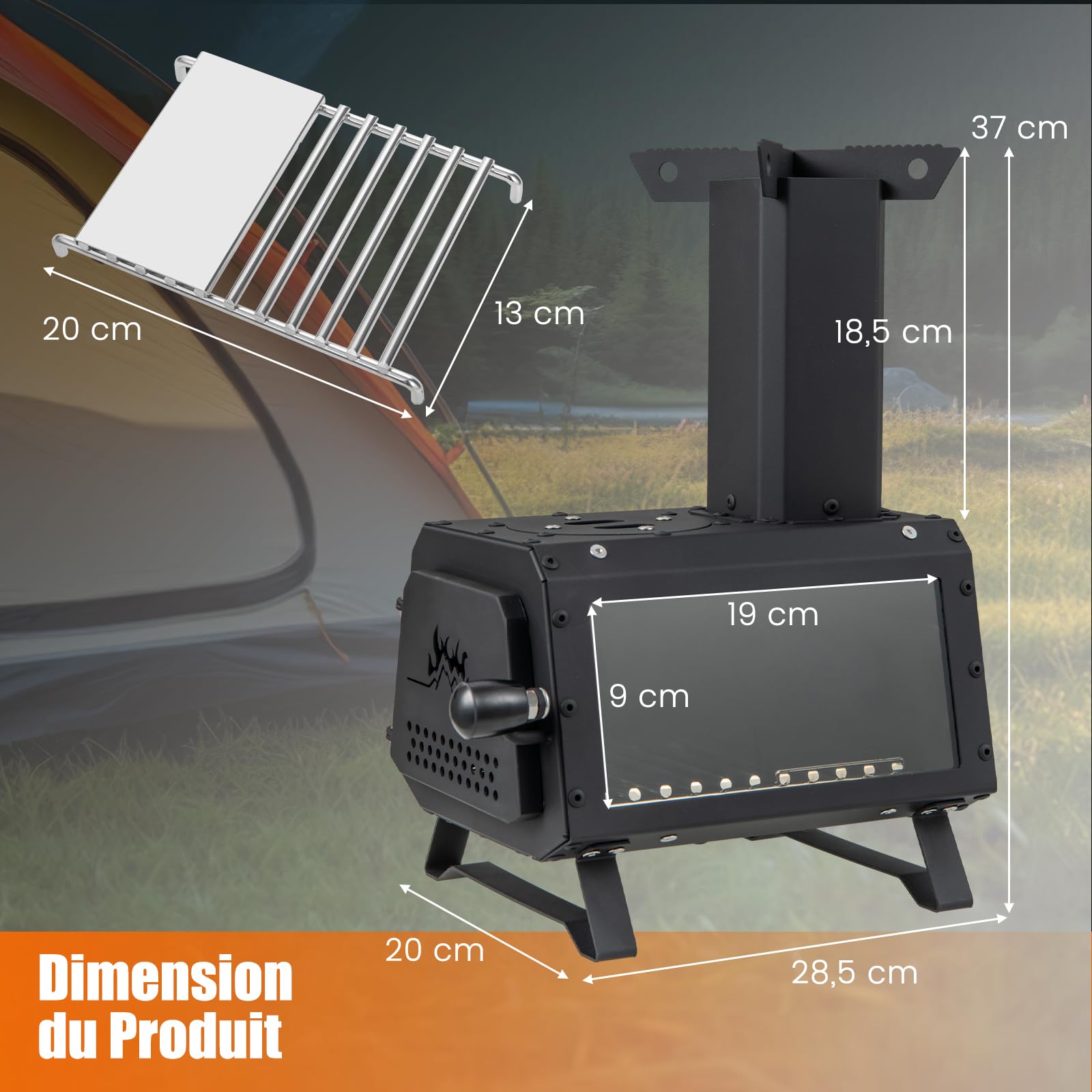 GYMAX Réchaud Extérieur, Poêle à Bois Portable pour Cuisson, avec 3 Évents d'Aération & Fenêtre Visuelle, Résistante à Chaleur, Pour Camping/Chasse/Pêche/Cuisson