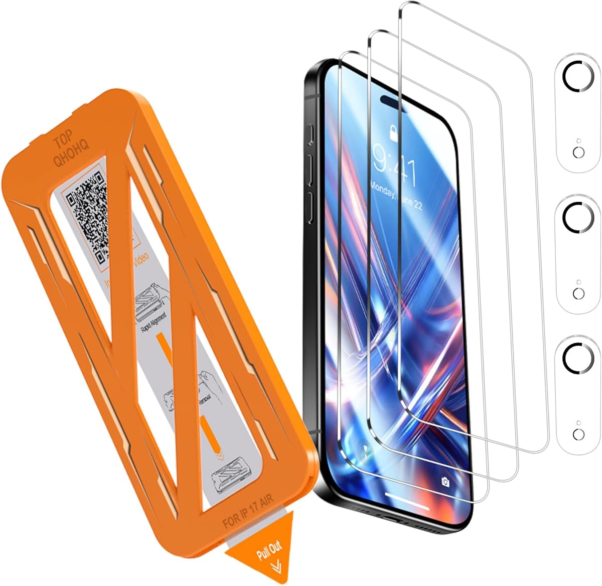 QHOHQ [1-Second Auto-Install] 3 Pack Screen Protector for iPhone Air + 3 Pack Camera Lens Protector, 9H+ Shatterproof Tempered Glass for iPhone 17 Air, [12FT Military Grade Protection], Case Friendly