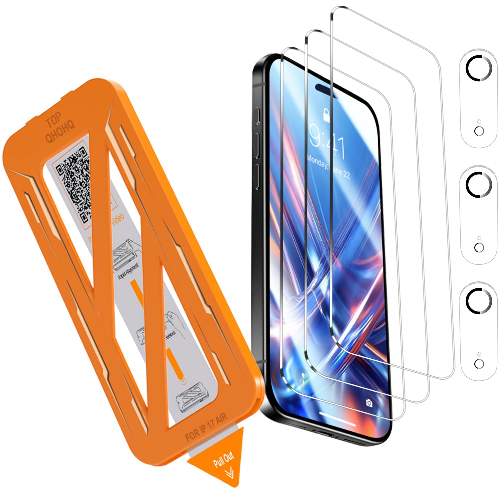 QHOHQ 3 Pezzi Vetro Temperato per iPhone Air + 3 Pezzi Pellicola Fotocamera, 9H+ Pellicola Protettiva per iPhone 17 Air, [12 Piedi Antiurto di Grado Militare], Auto-Install 1s, Cover Compatibile