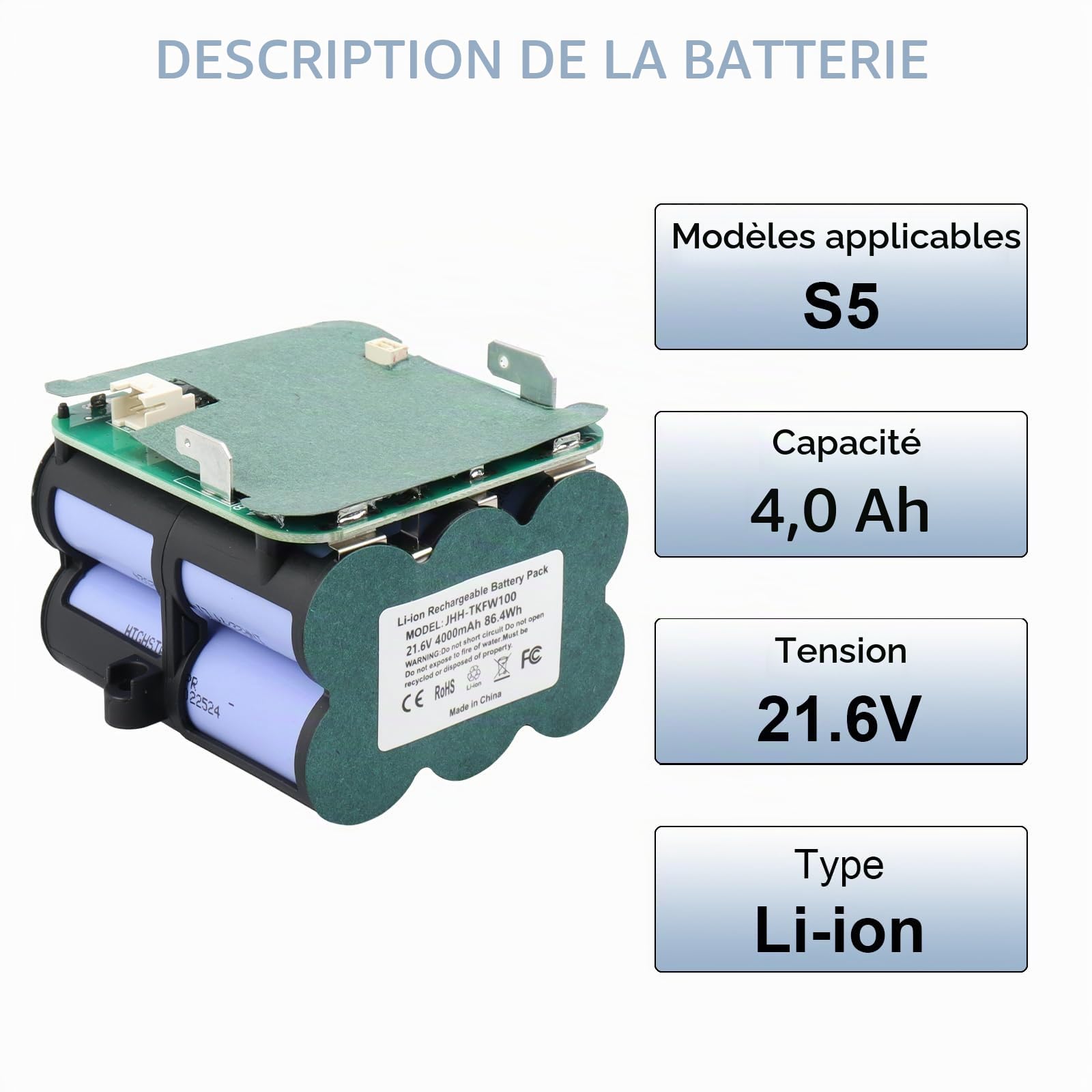 Batterie de Rechange au Lithium-ION MXJFYY 21,6 V 4000 mAh Compatible avec Les Accessoires d'aspirateur à Main sans Fil Tineco Floor One S5 Pro 2/Floor One S5 Smart/S5 Steam