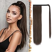 Vista 86 de BARSDAR - Extensión de cola de caballo recta con resaltado marrón medio, de 26 pulgadas de largo, con clip envolvente para mujeres, extensiones