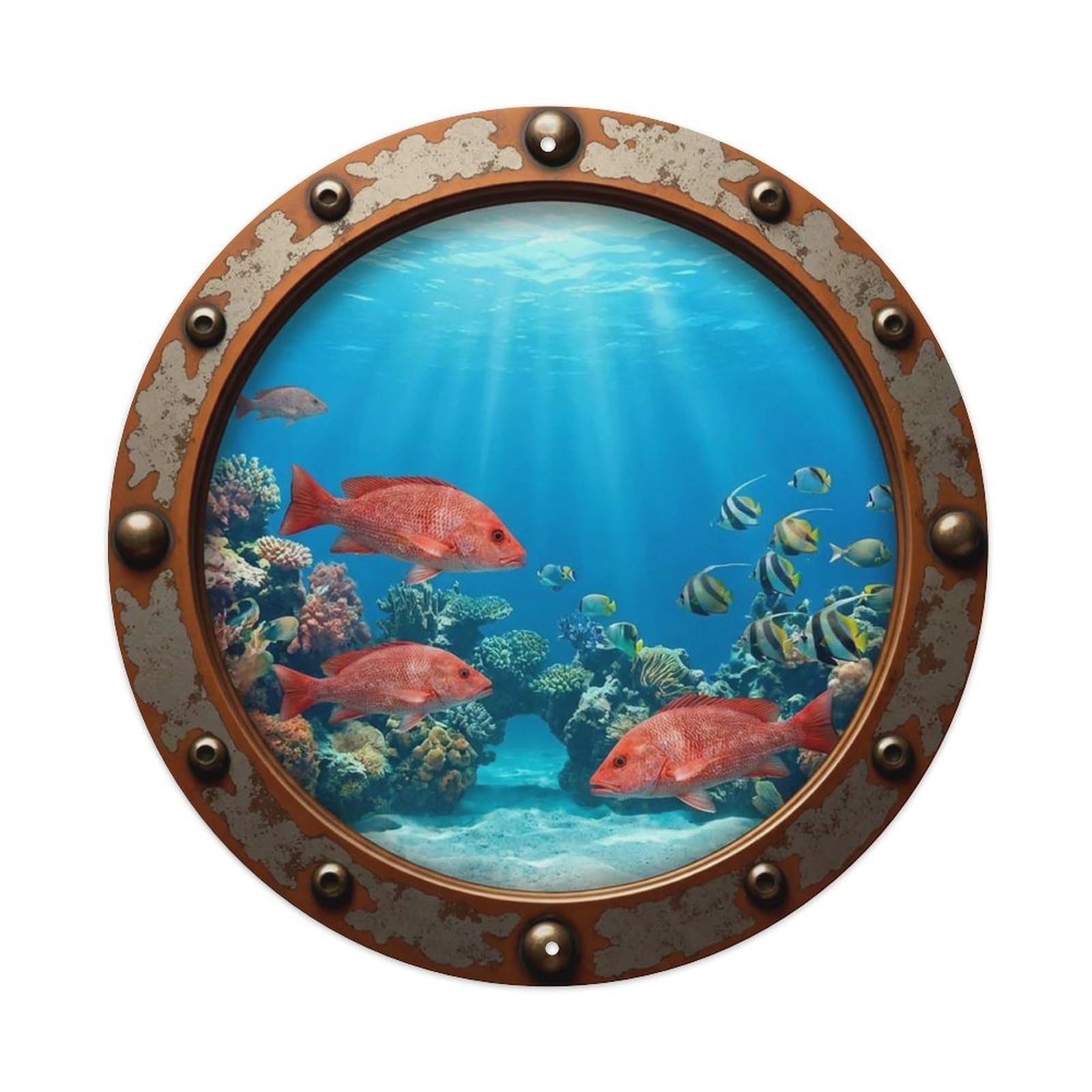 Gead 8X8inch Style Vintage Porthole Snapper Fish Nautical Window View Metal Tin Sign