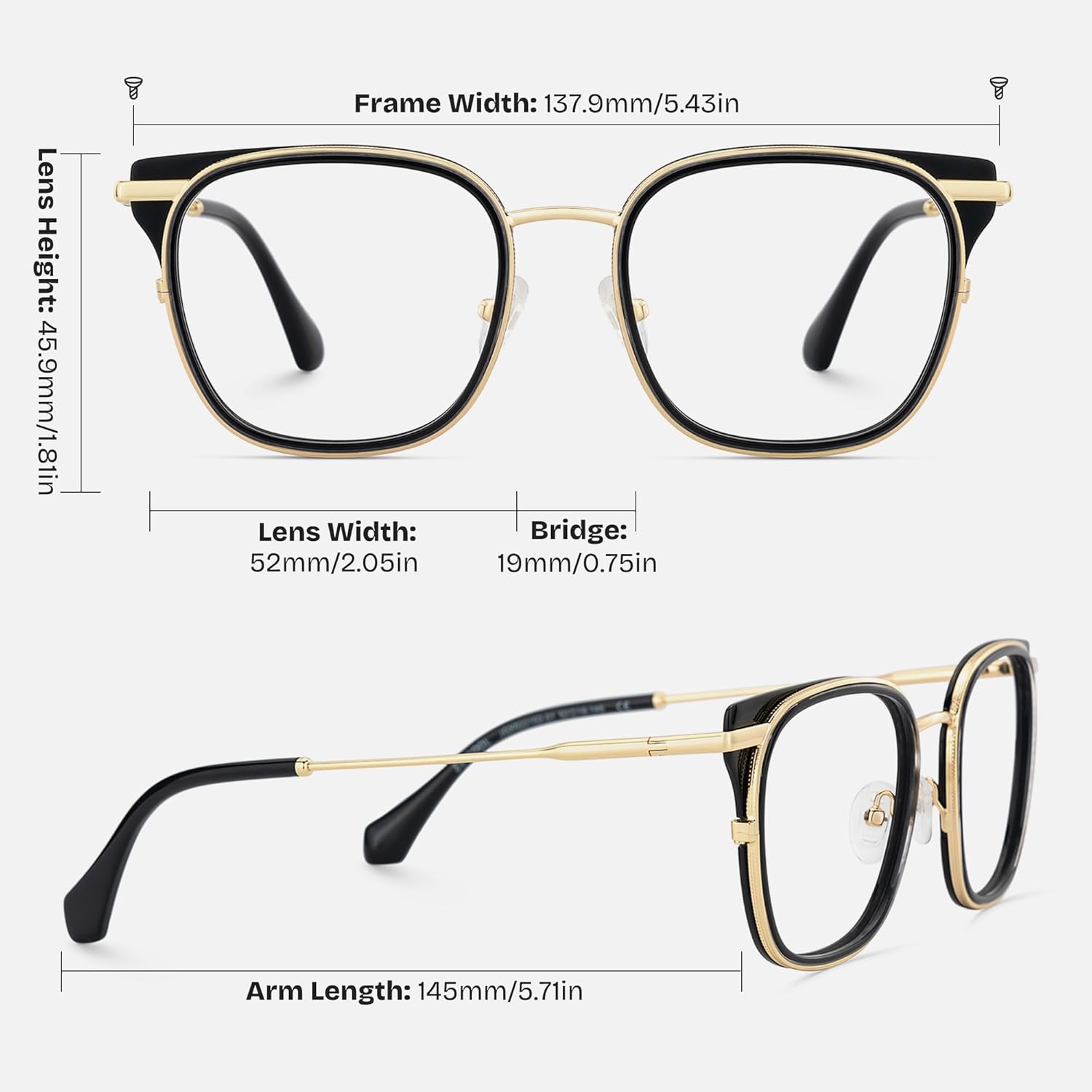 Zeelool Square Glasses For Women Fashion Black Gold Frame Eyeglasses with Metal Hinges ZJGX922152 Cameron