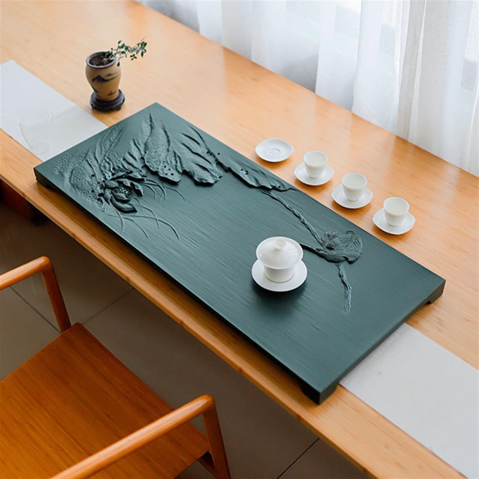 CKKNILV Tea Set Tian Luo Green Stone Tea Tray Home Stone Living Room Drainage Kung Fu Tea Sea Tea Table Plate Hand-Carved Chinese Tea Set(70x28x3cm) (60x25x3c