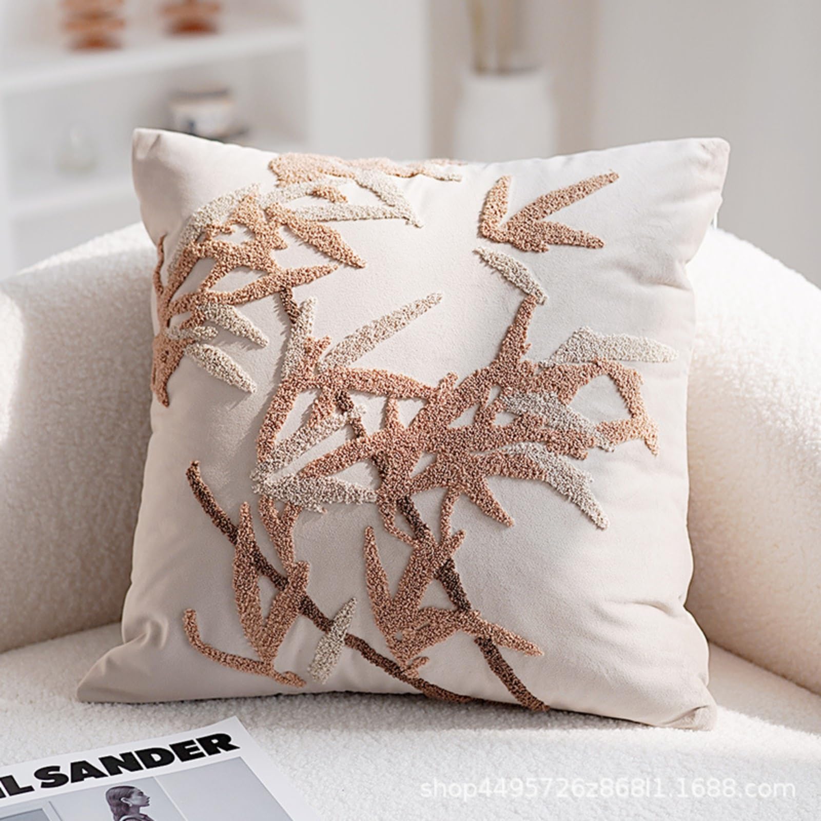 Housse de coussin 45x45 velours beige noir motif floral déco intérieur