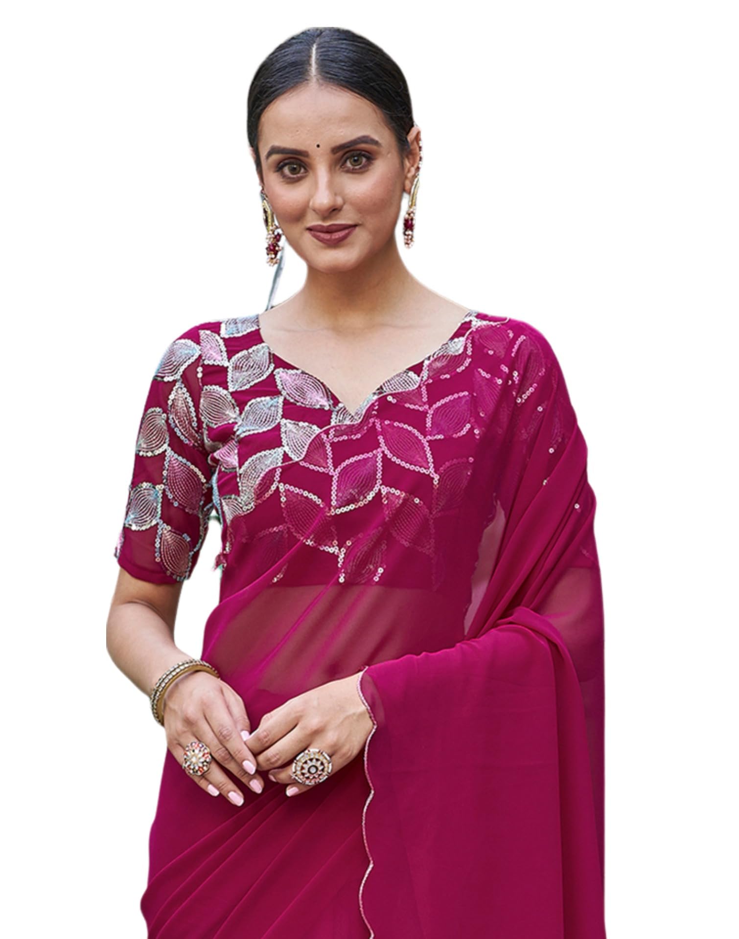 SIRILWomen's Georgette Cut Work Border Saree With Sequence Embroidery Work Unstitched Blouse Piece