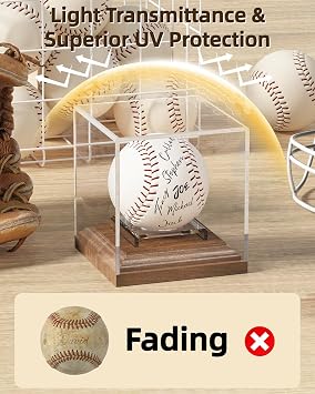 Baseball Display Case for Balls Walnut Wood Base Acrylic Baseball Holder Display Case Uv Protection Baseball Cube Box Stand Memorabilia Autograph Ball, Ideal Gift for Official Size Ball Display