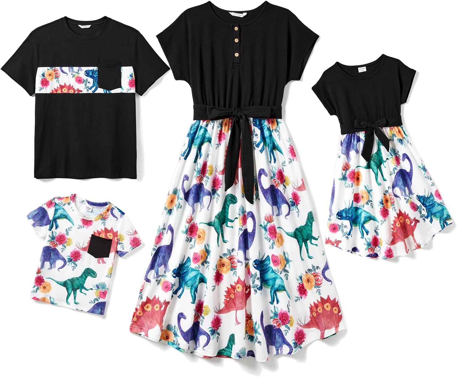 PATPAT Family Matching Outfits Short Sleeve Belted Spliced Pattern Print Dresses and Casual T-Shirts Matching Sets