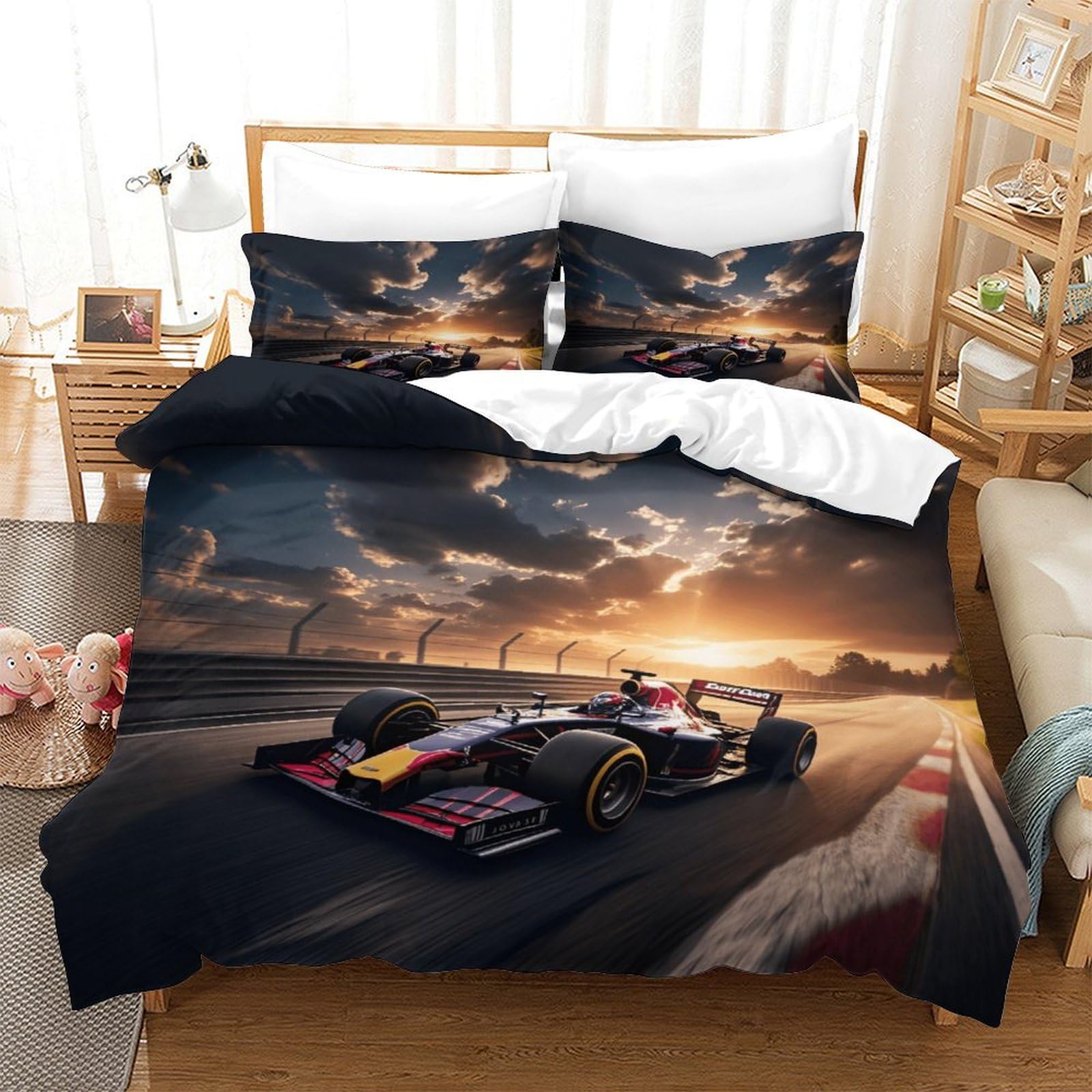 LILIlaobiao Luxe Grand Prix Racing BullRacing Duvet Cover Washable Bedding Set, 3D Printed 3Pcs Formula racing Pattern Quilt Cover Set for Home Textiles Decor Double（200x200cm）