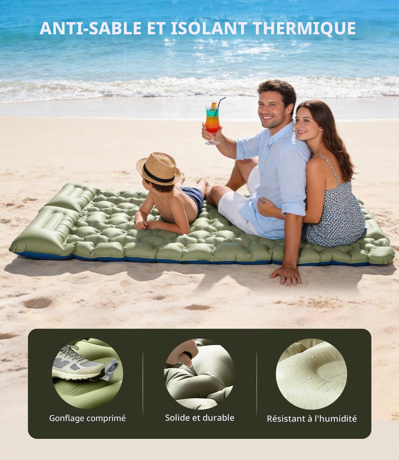 Materassino Matelas de Camping Gonflable Ultraléger, Gonflable Matelas Camping avec Oreiller, Pompe à Pied Intégrée, Camping Matériel Portable pour Plage, Voyage, Randonnée
