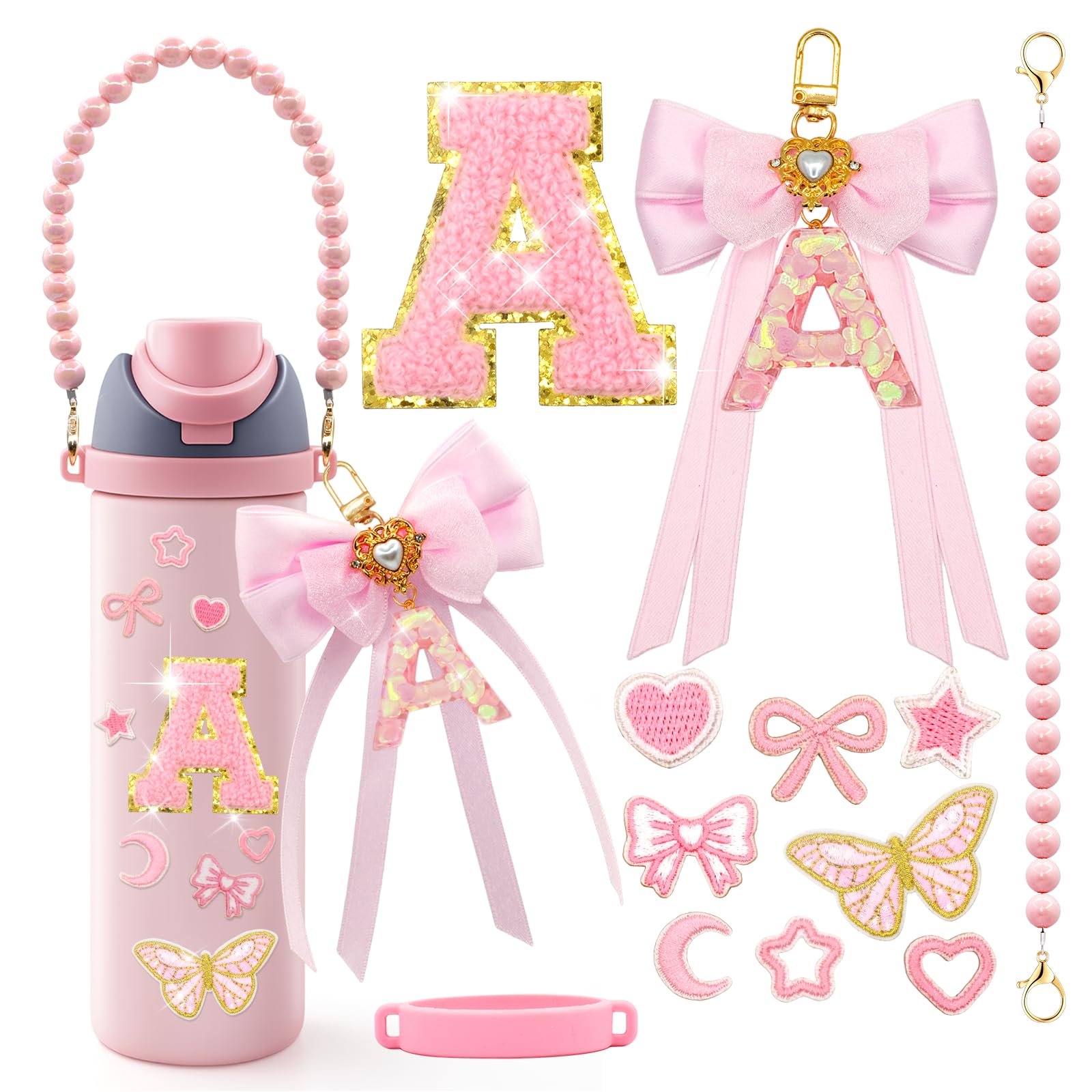LBU 12PCS Letter Accessories for Owala Water Bottle 24/32/40oz with Cute Initial Sticker, Bow Alphabet Letter Keychain, Peral Handle Strap, Decorations for Owala Freesip Tumbler (Letter A)