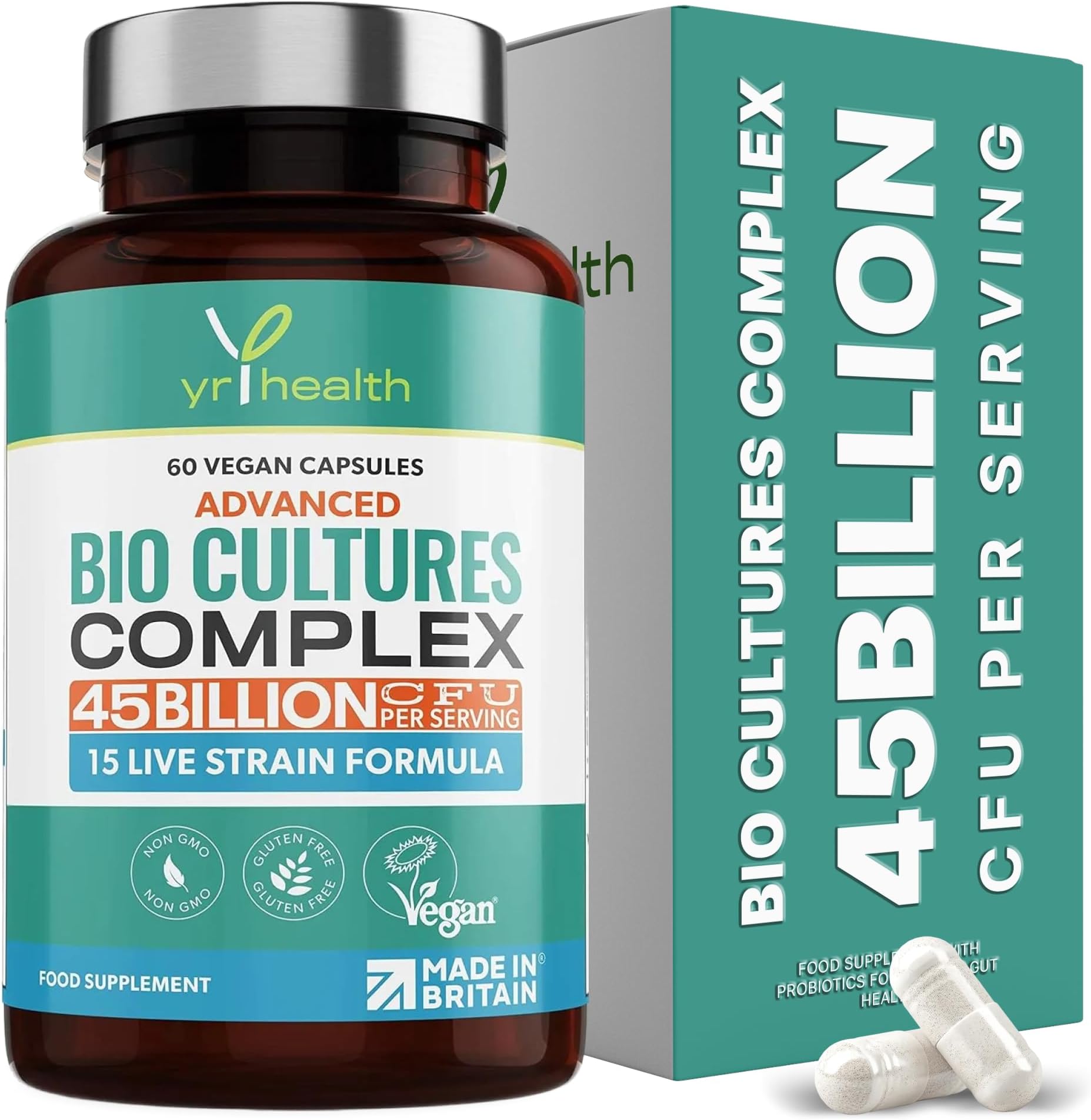 Vegan Bio Cultures Complex - 45 Billion CFU, 15 Active Bacteria Strains - Maximum Strength Multi Strain Complex - Probiotics Women Gut and Men, 60 Capsules - Made in The UK