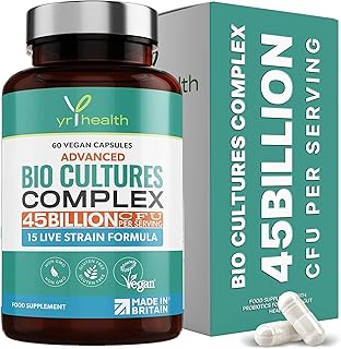 Vegan Bio Cultures Complex - 45 Billion CFU, 15 Active Bacteria Strains - Maximum Strength Multi Strain Complex - Probiotics Women Gut and Men, 60 Capsules - Made in The UK