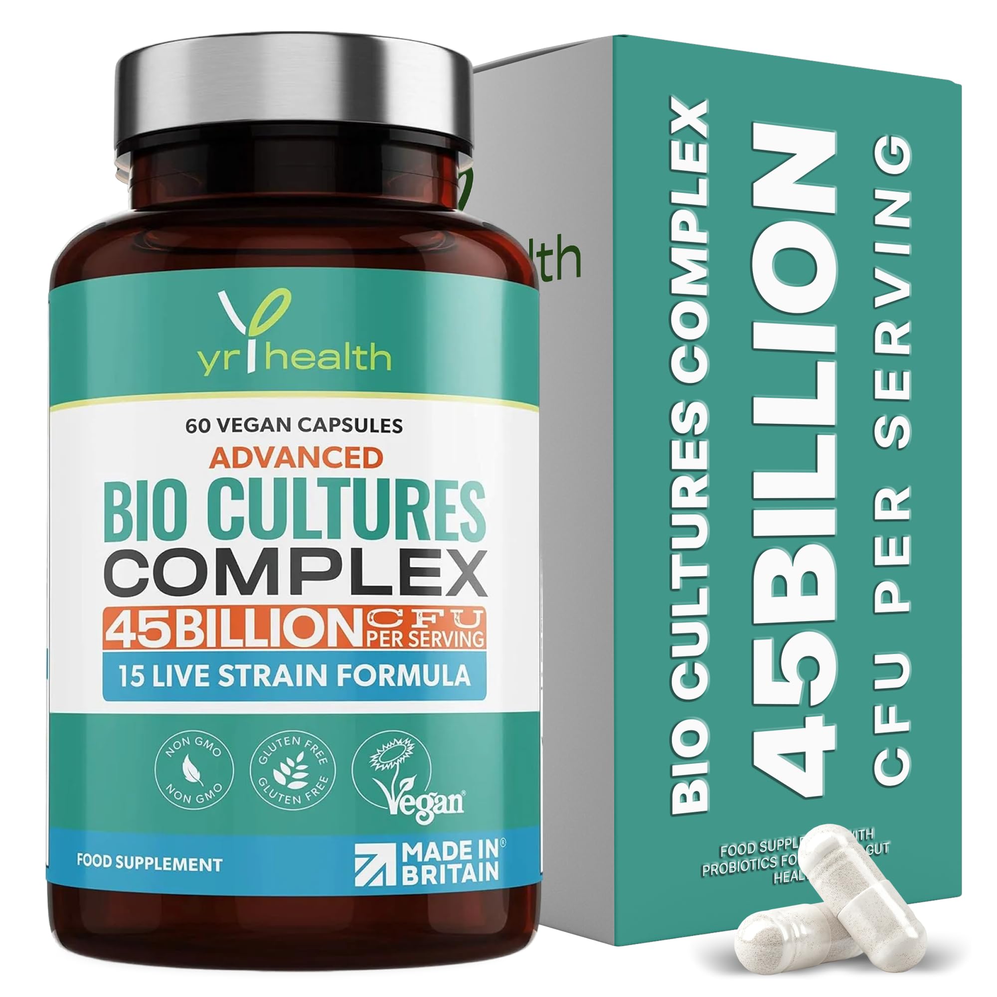 Vegan Bio Cultures Complex - 45 Billion CFU, 15 Active Bacteria Strains - Maximum Strength Multi Strain Complex - Probiotics Women Gut Health and Men, 60 Capsules - Made in The UK by YrHealth