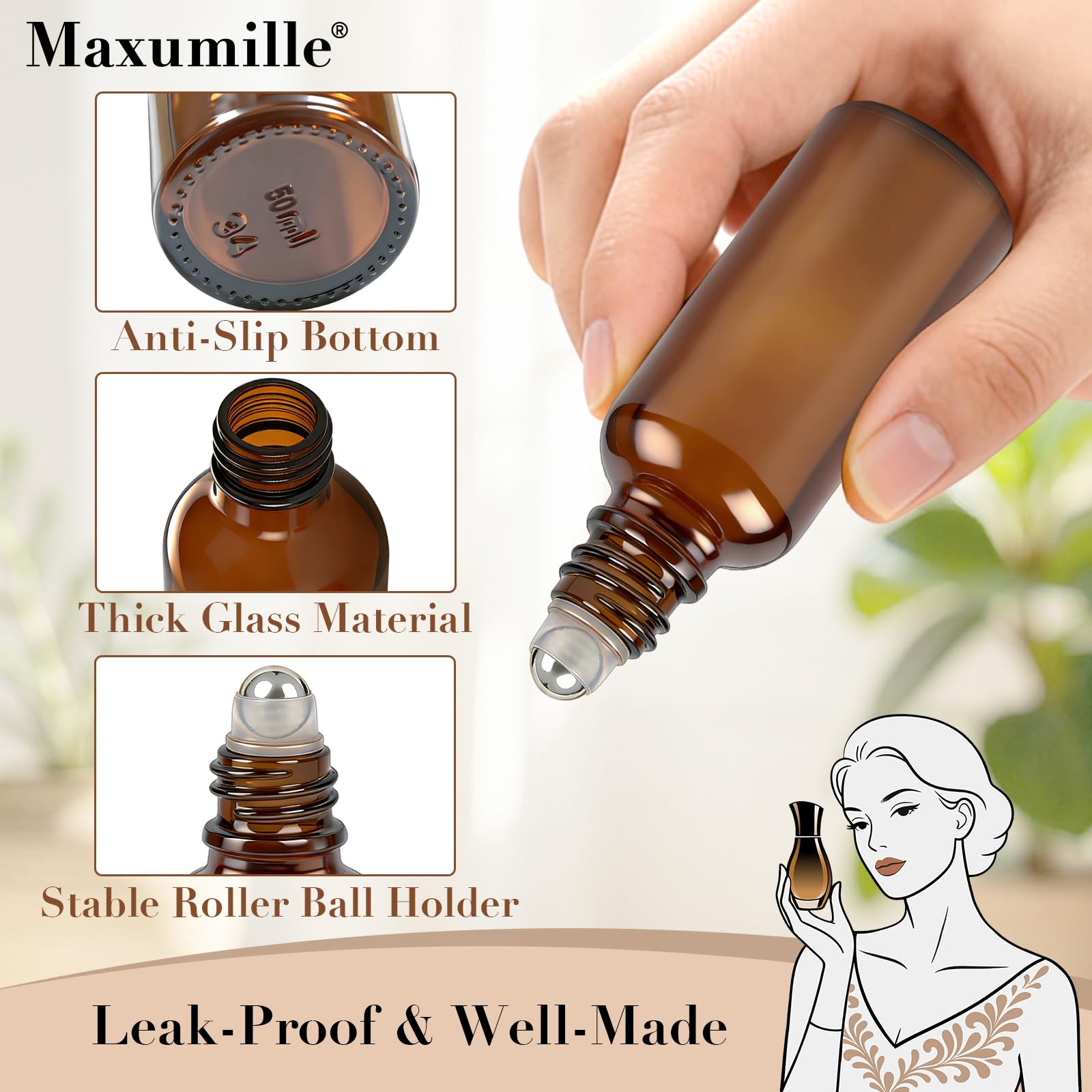 6 flaconi roll-on in vetro da 30 ml per oli essenziali, con sfere roll-on in acciaio inox, ricaricabili, per profumi, cosmetici, aromaterapia, massaggi