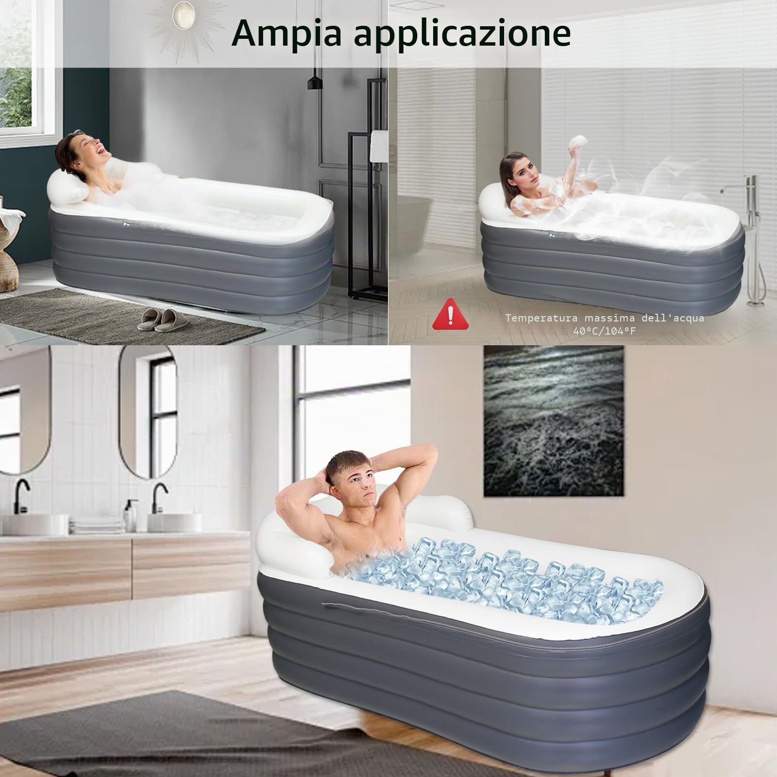 Vasca da bagno gonfiabile per adulti, grande vasca da bagno portatile, spa, ammollo con chiusura lampo, progettata con poggiatesta, portabevande (Grigio Scuro,168x76x68cm)