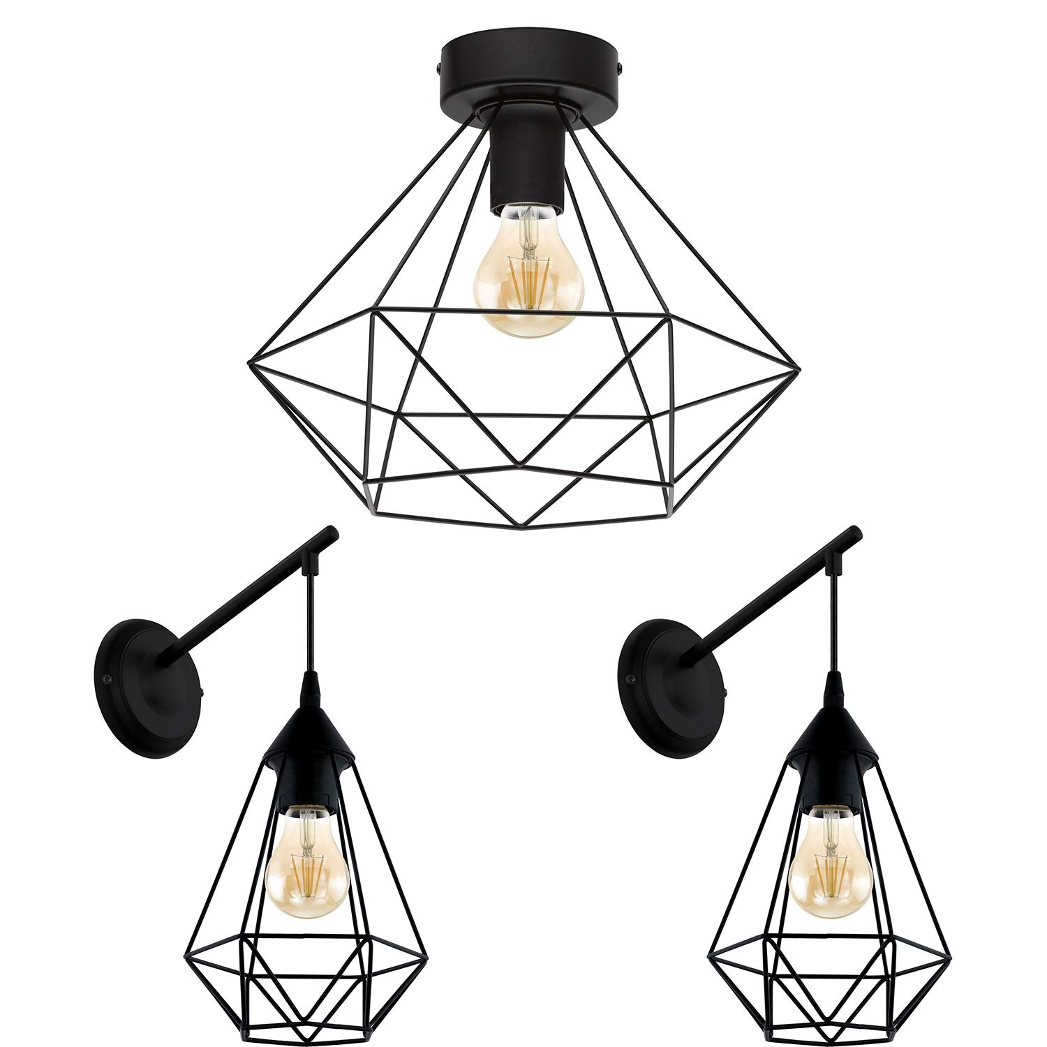 Loops Black Geometric Wire Cage Ceiling Light & Wall Lights Set