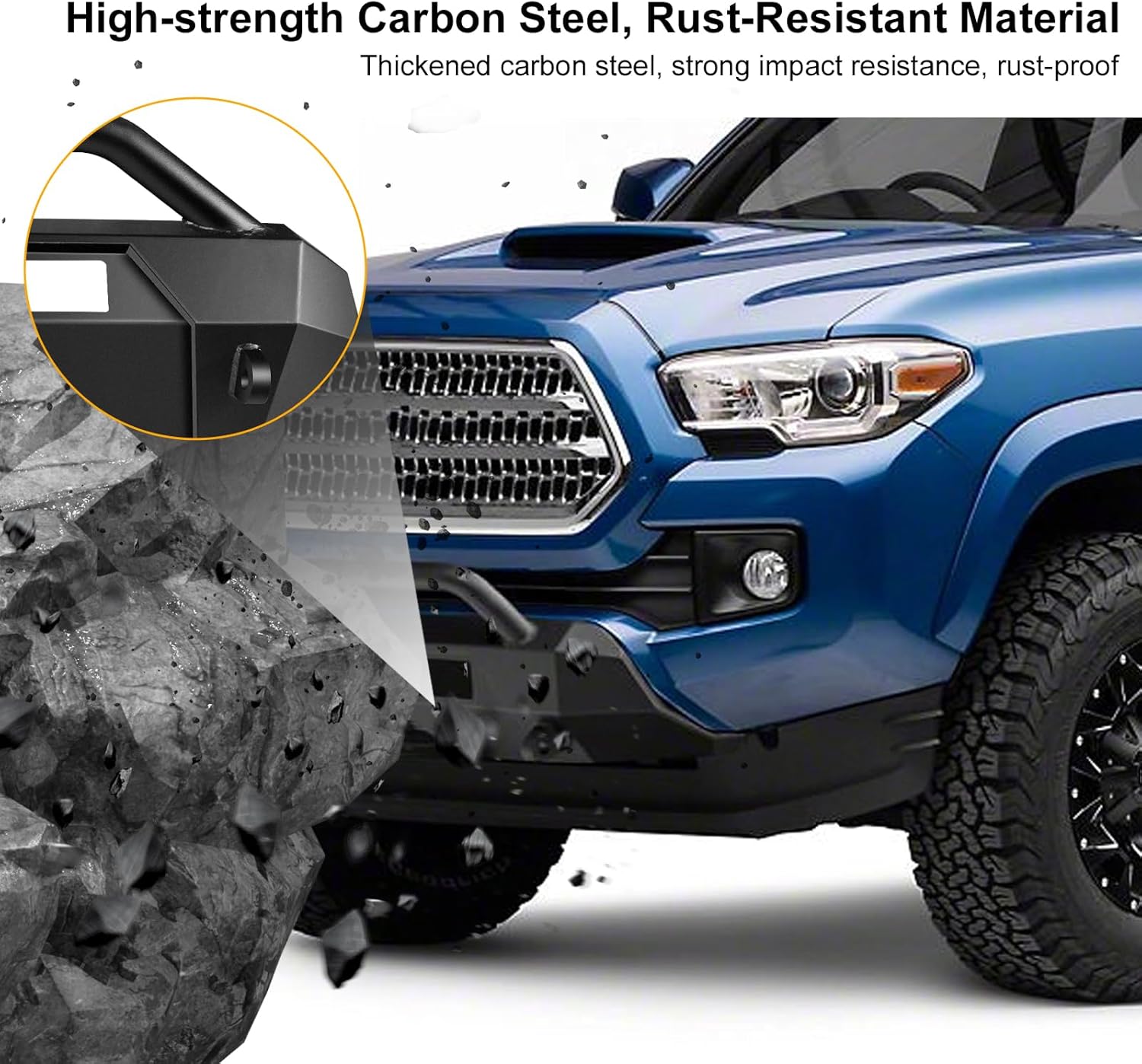 Heavy Duty Front Bumper Compatible with Toyota Tacoma 2016 2017 2018 2019 2020 2021 2022 2023 Front Winch Bumper Guard Push Bar Black Powder Coated Carbon Steel
