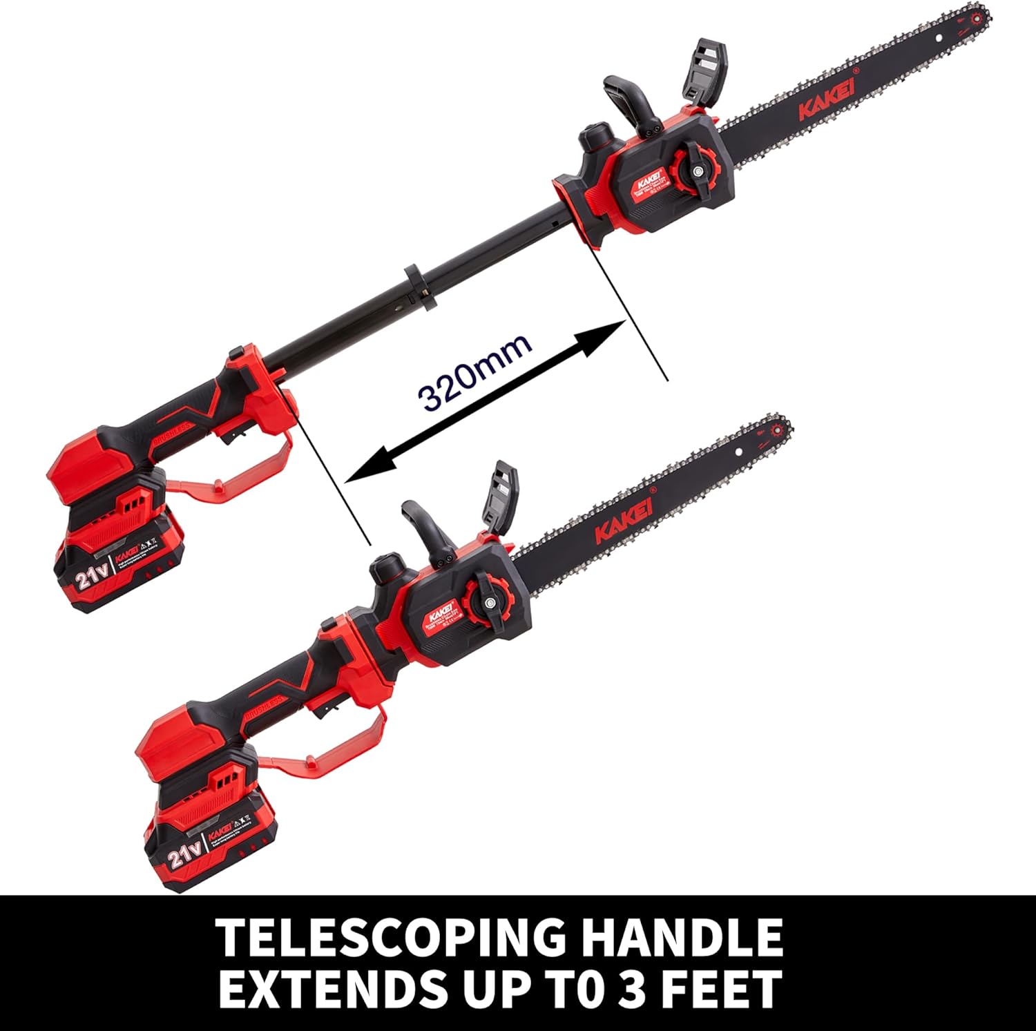KAKEI 21V Brushless Telescopic Chainsaw - 12 Inch Cordless Pole Saw for Tree Trimming & Branch Cutting - Extends 3 Ft, with 2 Batteries, Fast Charger & Carrying Case, for Home and Garden Use