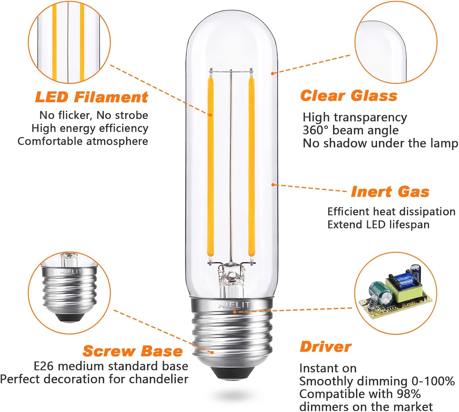 Vintage T10/T30 LED Bulb 25 Watt Equivalent, Warm White 2700K, 200 Lumens, E26 Base, 2W Dimmable Led Tubular Bulbs, Classic Filament Edison Bulb for Pendant Lights Chandelier, 3-Pack