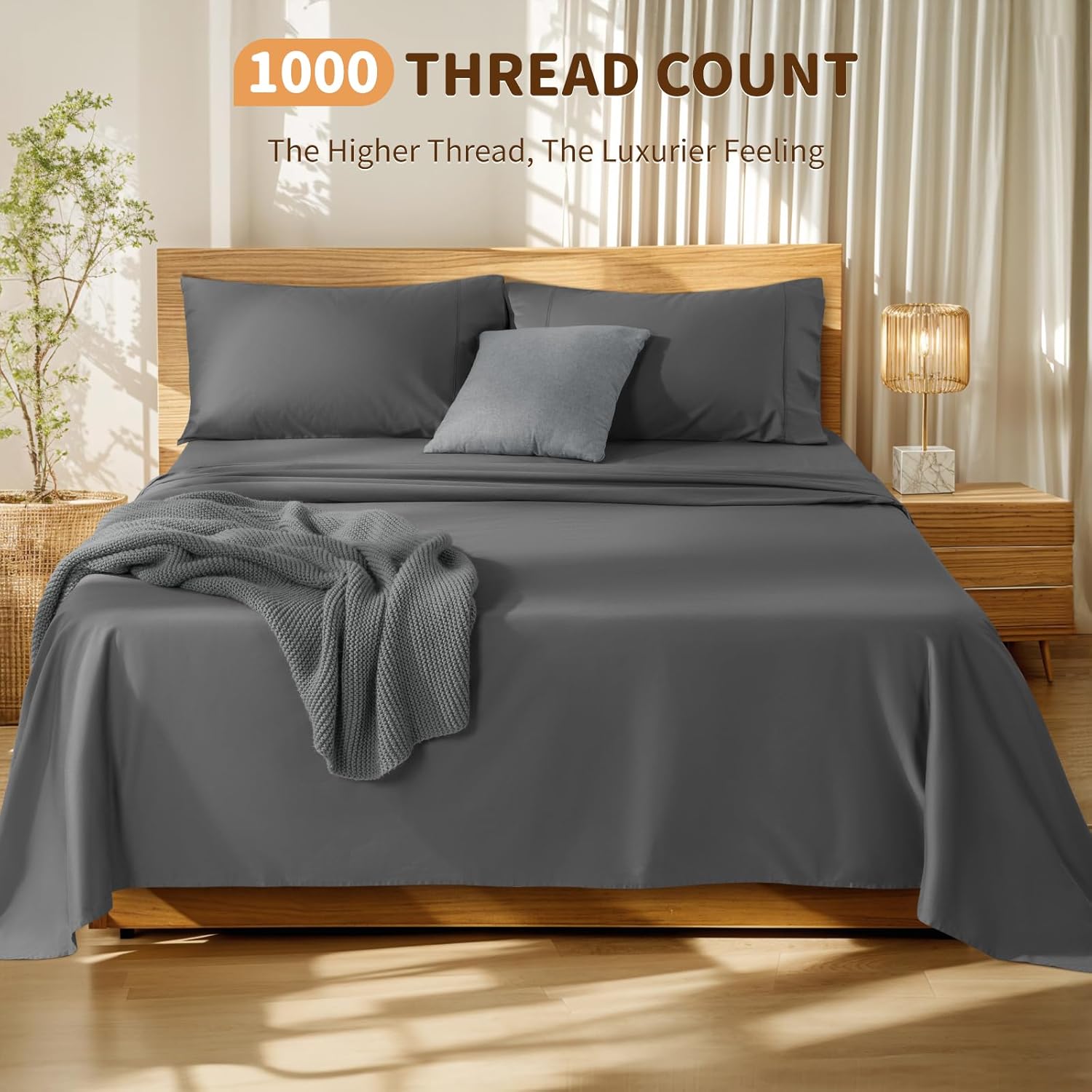 LBRO2M 100% Cotton Sheets Set Deep Pocket Up to 18"-24", 1000 Thread Count King Size 4 Pcs Bed Sheet Sets Soft Comfortable Bedding All Season (King, Dark Gray) - Image 2