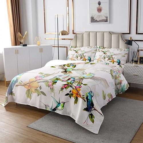 Miniatura 2 de Erosebridal Colcha de colibríes tamaño King, diseño botánico de animales salvajes de primavera, color azul y verde, para mujeres y niñas