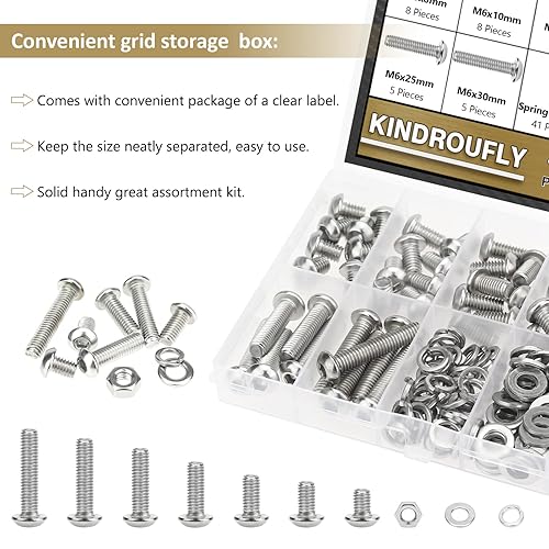 Miniatura 5 de Juego de 148 piezas M6 x 810121620251.181 in, tornillos de cabeza de botón, tuercas y arandelas, kit surtido de acero inoxidable 304, rosca