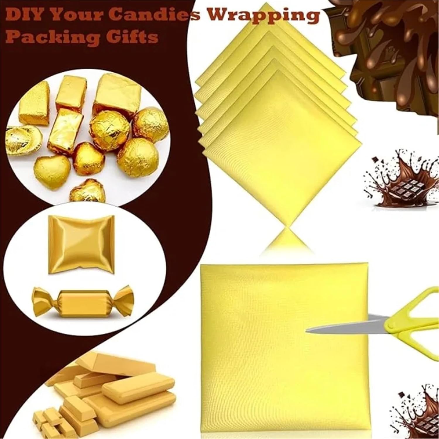 100pcs Chocolate Candy Bar Wrappers Packaging Paper For Dessert Aluminum Foil Tin Food(Gold-30CM)