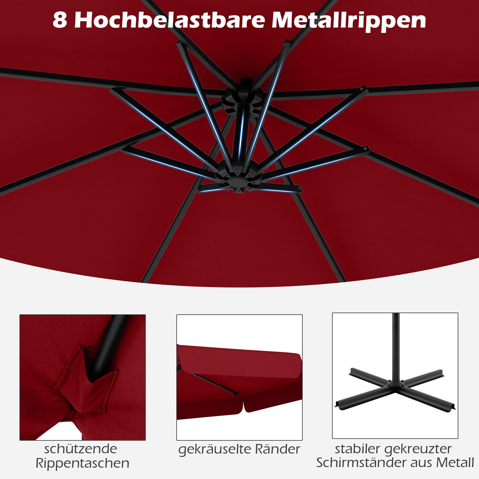 COSTWAY Sonnenschirm 300 cm, inkl. Schutzhülle, Ampelschirm mit Kurbel und Volant, Neigungswinkel verstellbar, Gartenschirm, Marktschirm, Terrassenschirm für Garten, Pool, Terrasse (Rot)