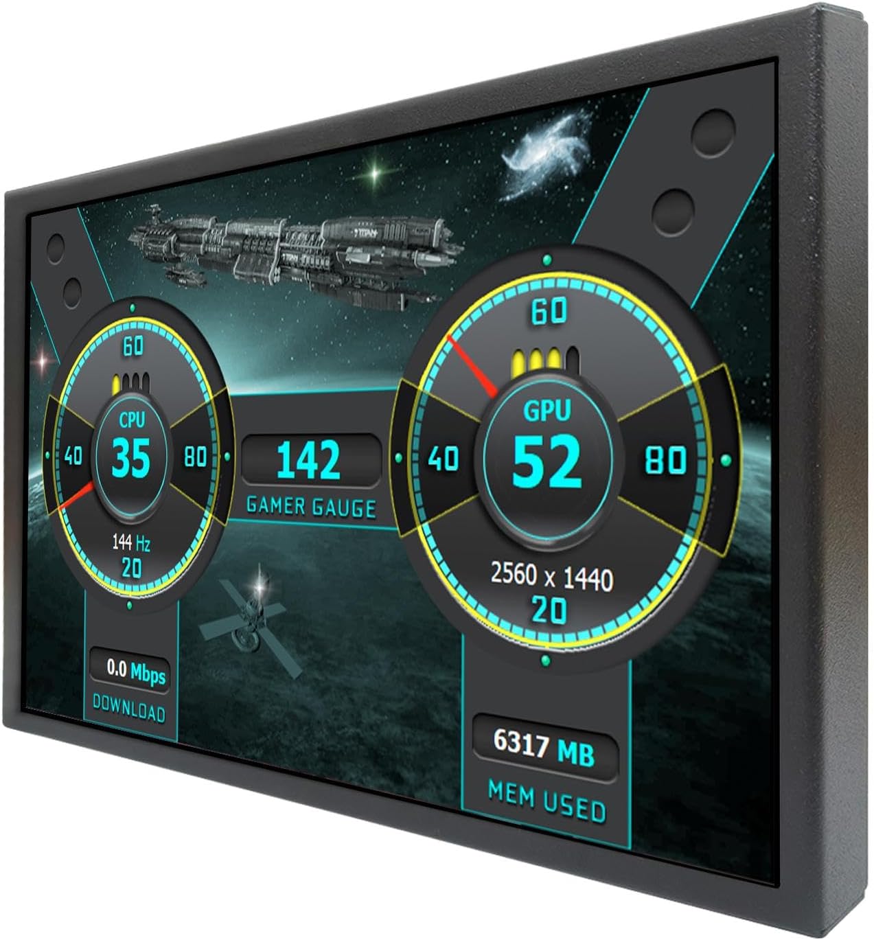 VSDISPLAY 8 Inch IPS LCD Monitor displaying CPU and GPU data with a space-themed background.