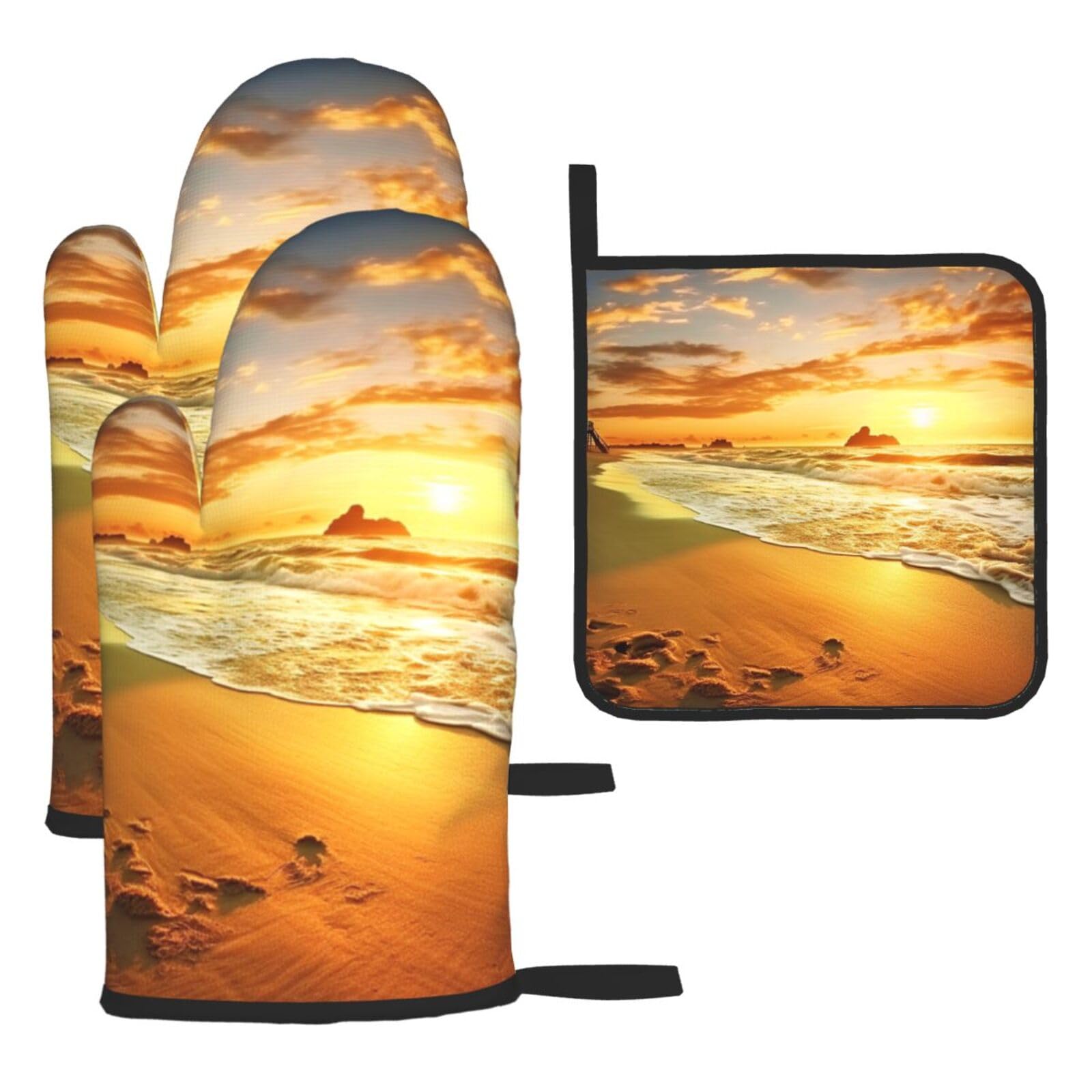 Oven Mitts and Pot Holders Set of 3 Heat Resistant Non-Slip Kitchen Gloves Hot Pads Golden Sunset Beach Oven Mitts Kitchen Mittens Gloves Non-Slip Potholders for Cooking Baking Grilling BBQ