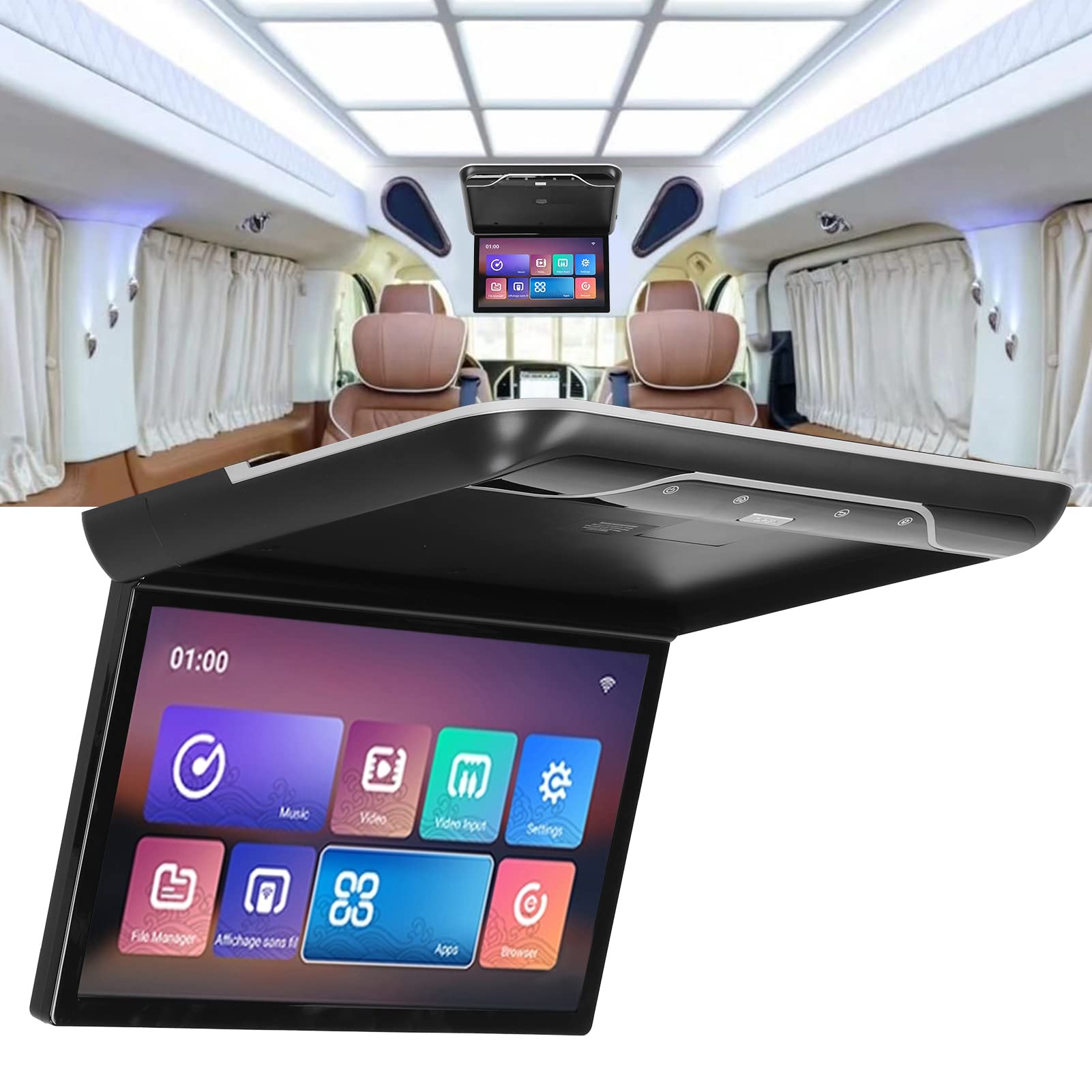 Auto-Dachmontage-Monitor, 19-Zoll-Flip-Display-Decken-TV-Hdmi-kompatibel mit Android 9.0-Fernbedienung(Schwarz)