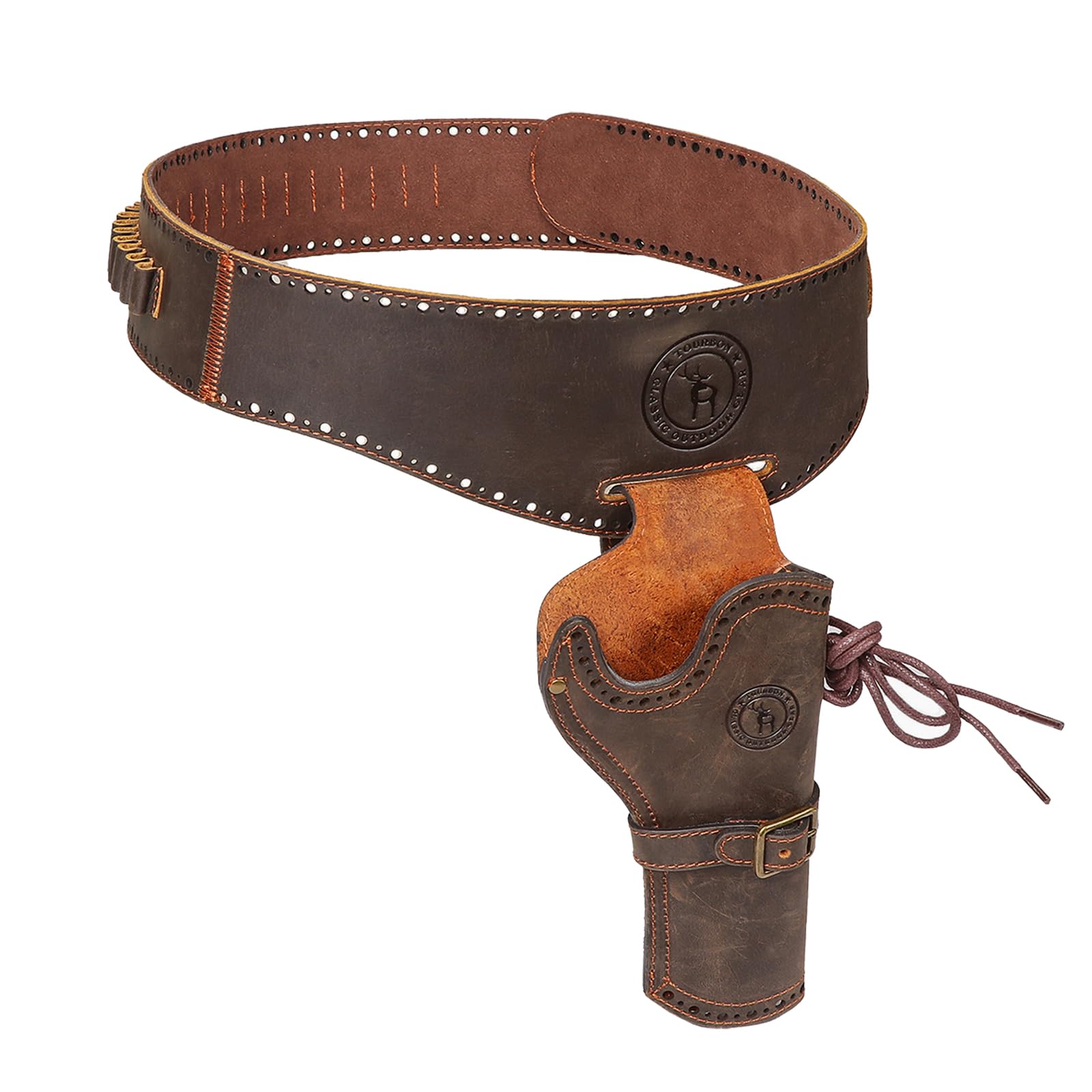 TOURBON Funda de Pistola de Cuero Genuino Estilo Vaquero Occidental para Pierna Soporte Ajustable con Cinturón de Munición y Balas
