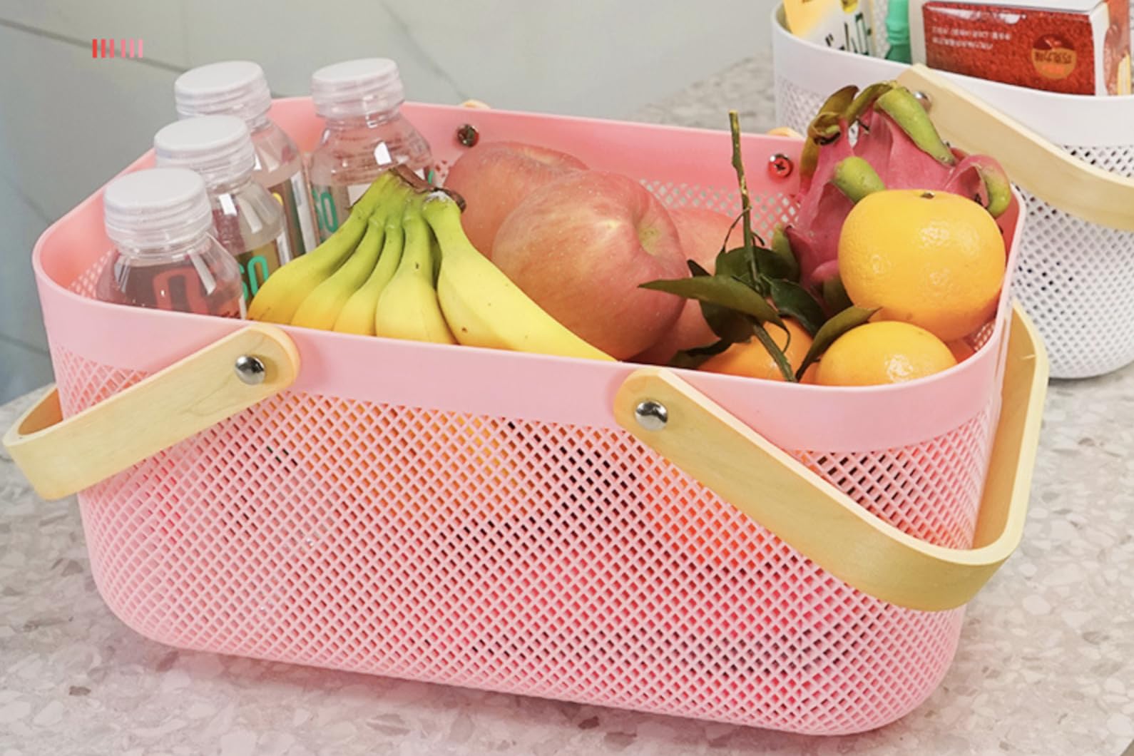 HOMIES Plastic Storage Bin Basket with Bamboo handle– Pantry Organizer & Storage Container - Home Organization for Kitchen Cabinet, Laundry Room, Office, Closet, Garage & Freezer (Pink)