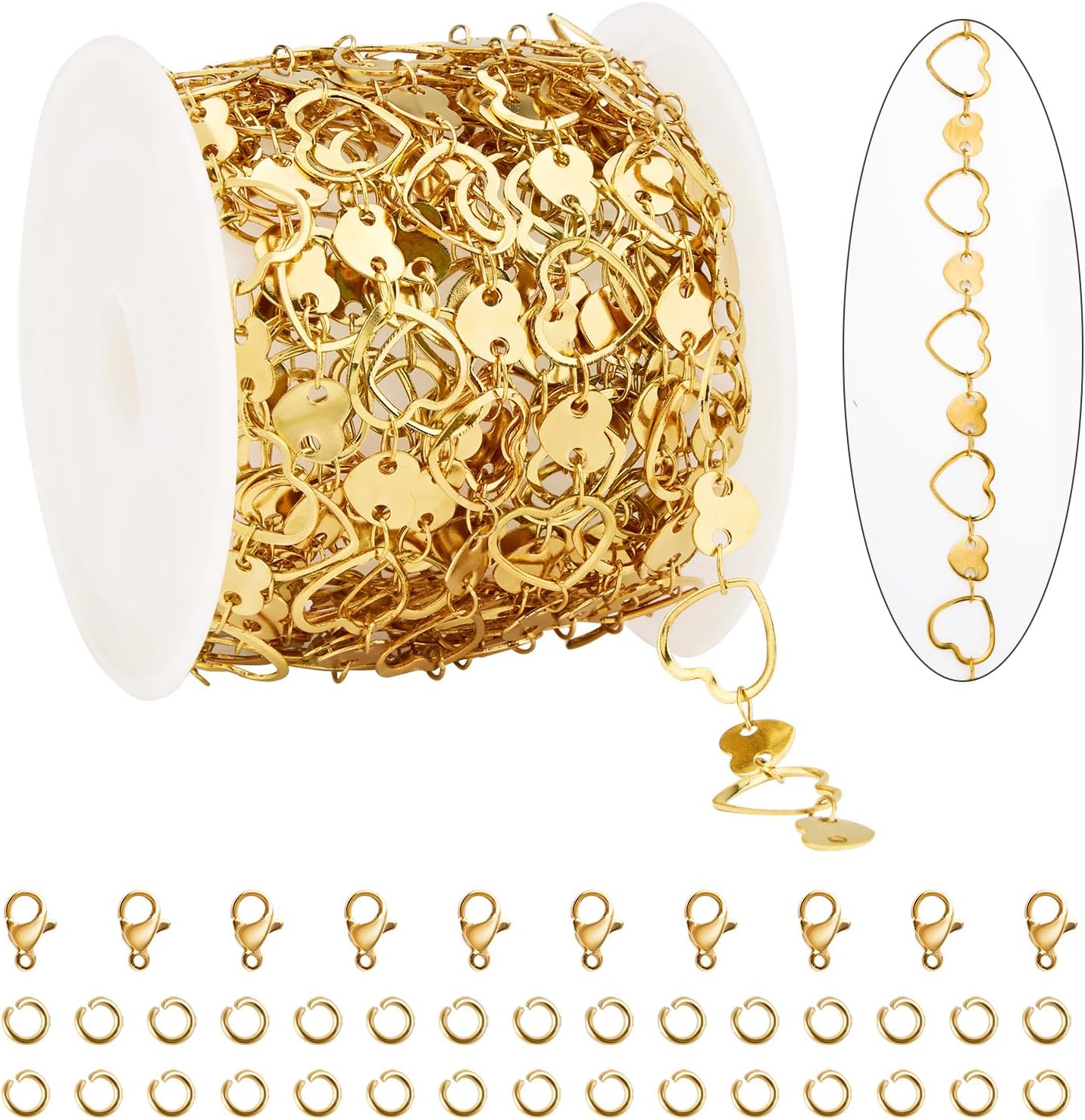 4 Meters Heart Chains for Jewelry Making Gold Plated Stainless Steel Chain Bulk on Spool for Women Make Crafts with Lobster Clasps Jump Rings