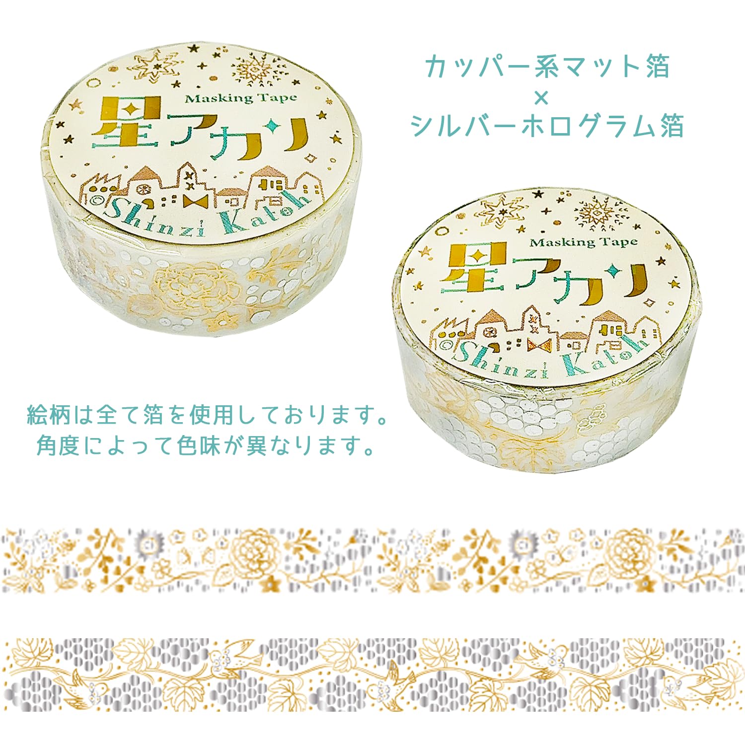 シール堂 Seido Ks-dt-20111 Shinzi Katoh 2 Color Foil Glitter Masking Tape, 2 Rolls, Set of 2 Rolls, Flowers, Grapes and Birds, 9.8 ft (3 m) Rolls, Made in Japan