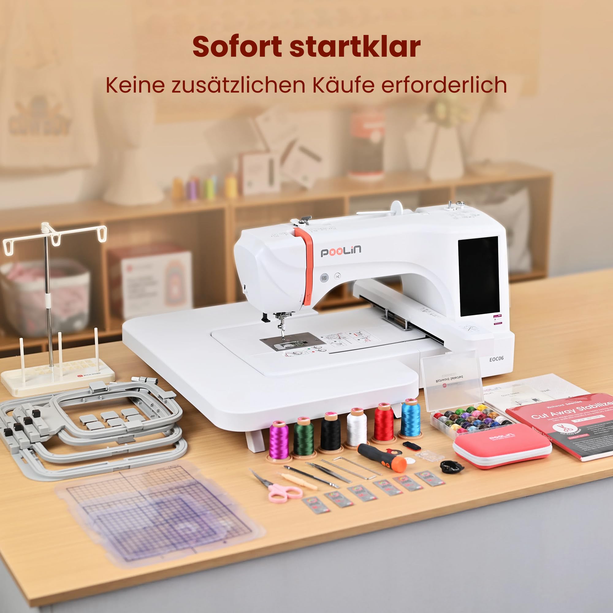 PooLin EOC06 Stickmaschine, Touchscreen, digitale Stickmaschine, Buchstaben und Muster, Embroidery-Maschine, zum Personalisieren von T-Shirts, Poloshirts, Jacken, Hemden, Taschen, Handtüchern und mehr