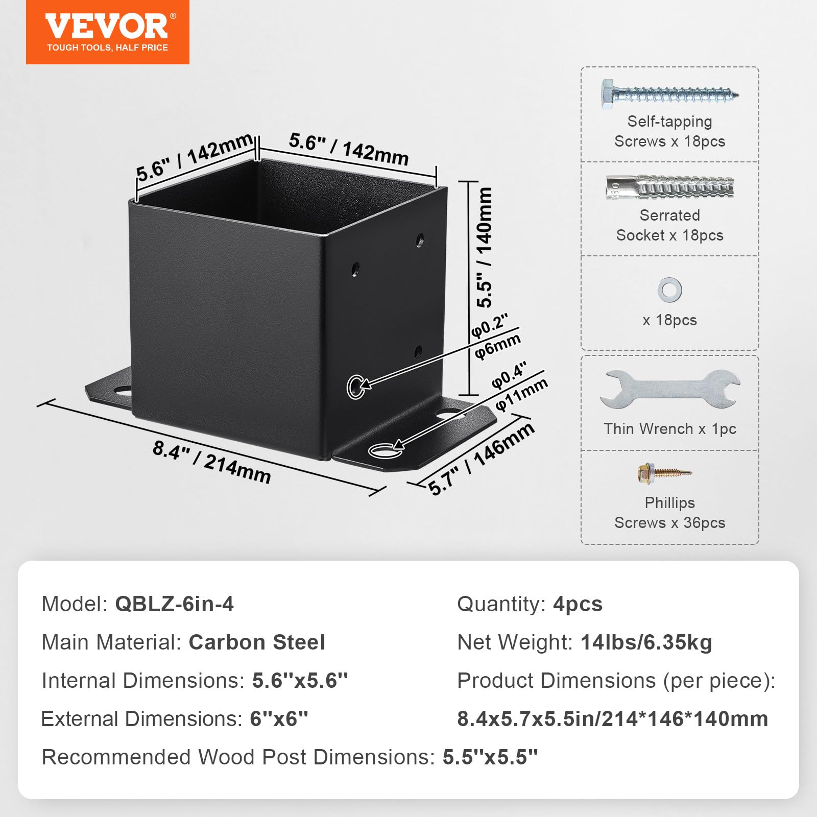 VEVOR 4 Piezas Soportes para Postes de Madera 6"x6"(152x152 mm) Base Interna de Poste de Acero al Carbono para Anclaje de Poste con Recubrimiento en Polvo para Barandilla de Soporte, Terraza, Negro
