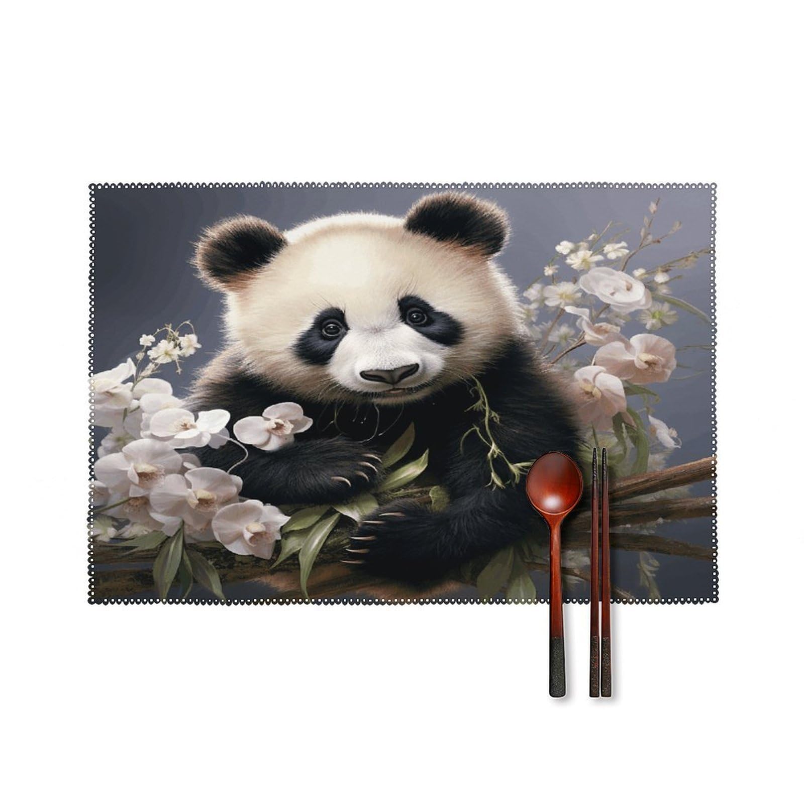 Panda with Flower Placemats Set of 6 Heat Resistant Non-Slip Table Mats Washable Indoor Outdoor Place Mats Rustic Vintage Seasonal Placemat for Kitchen Dining Outdoor Party Table Decor